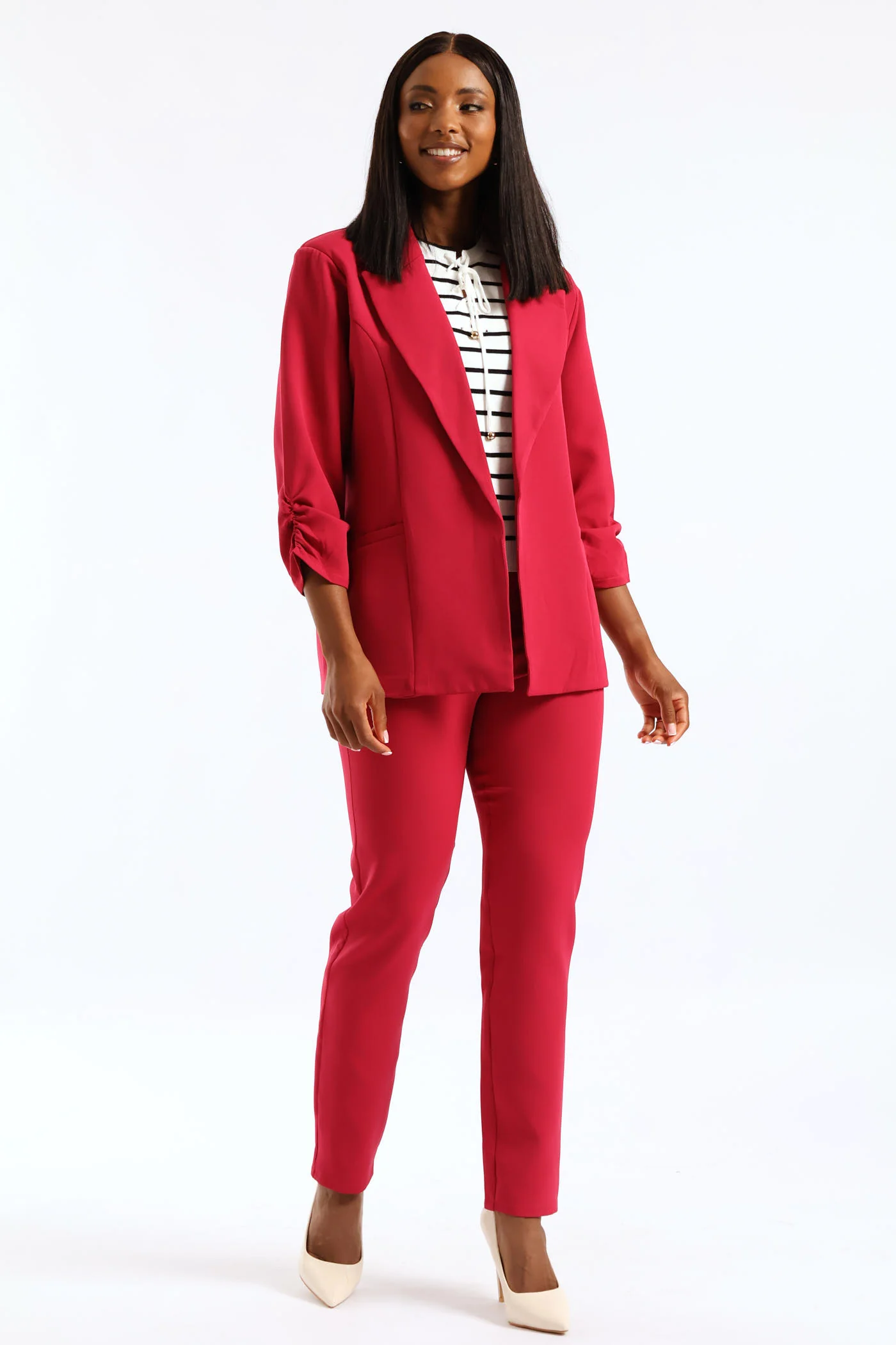 Notch Collar Gauged Sleeve Blazer - Magenta - Image 6