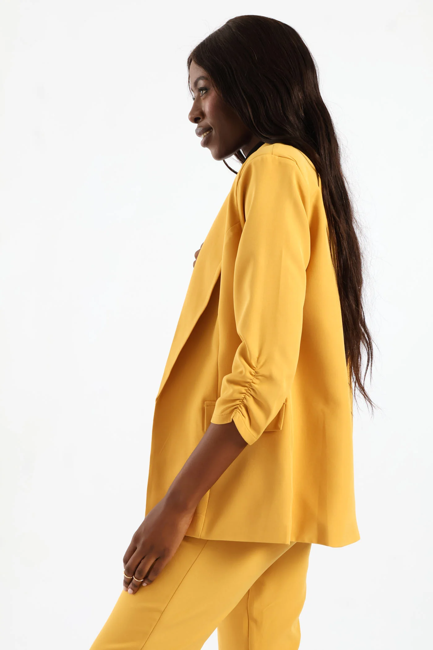 Notch Collar Gauged Sleeve Blazer - Mid Yellow - Image 4