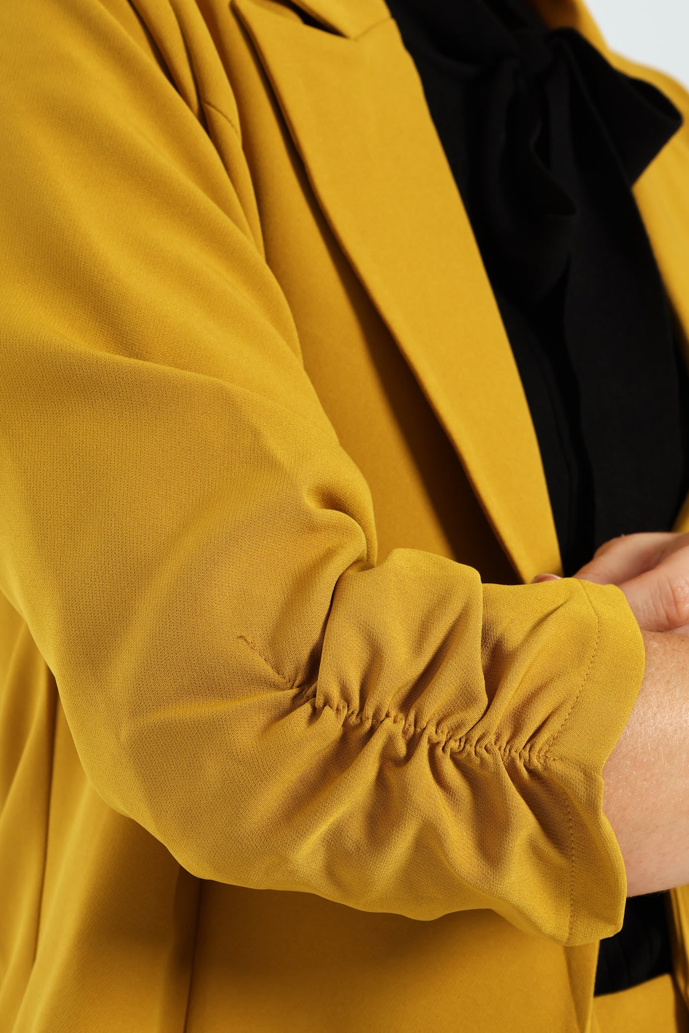 Notch Collar Gauged Sleeve Blazer - Mustard - Image 2