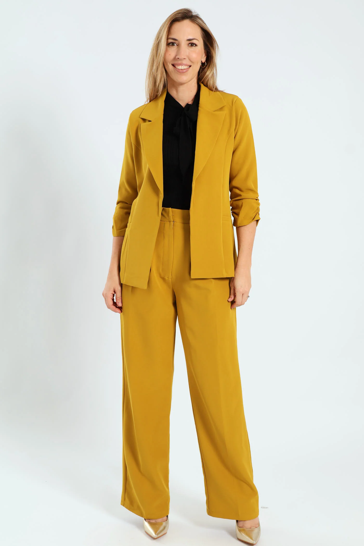 Notch Collar Gauged Sleeve Blazer - Mustard - Image 3