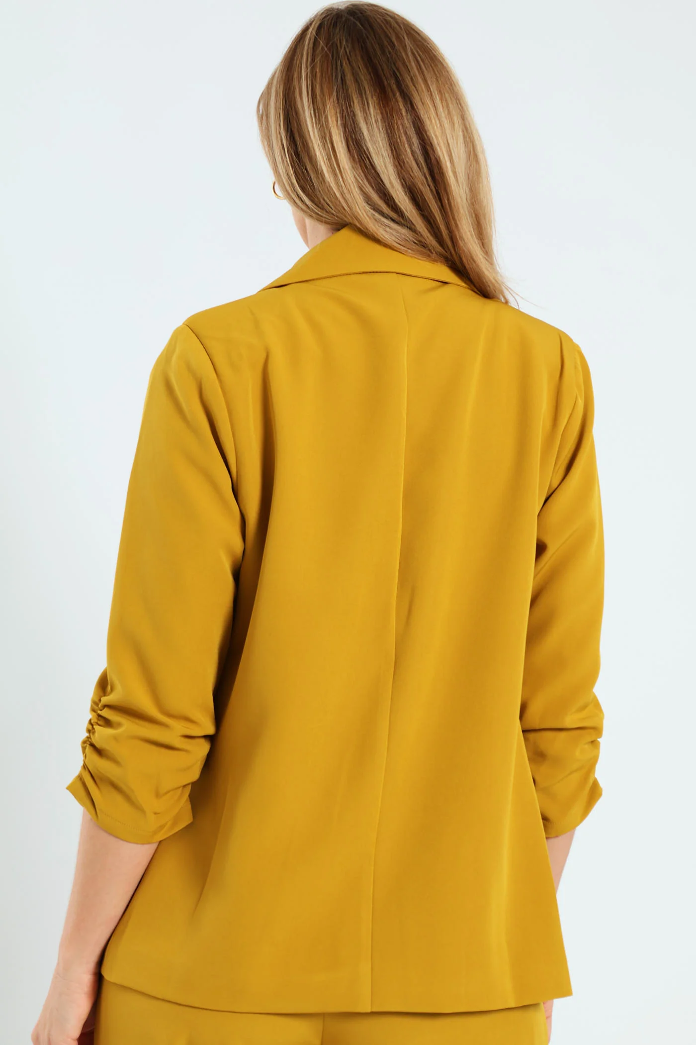 Notch Collar Gauged Sleeve Blazer - Mustard - Image 4