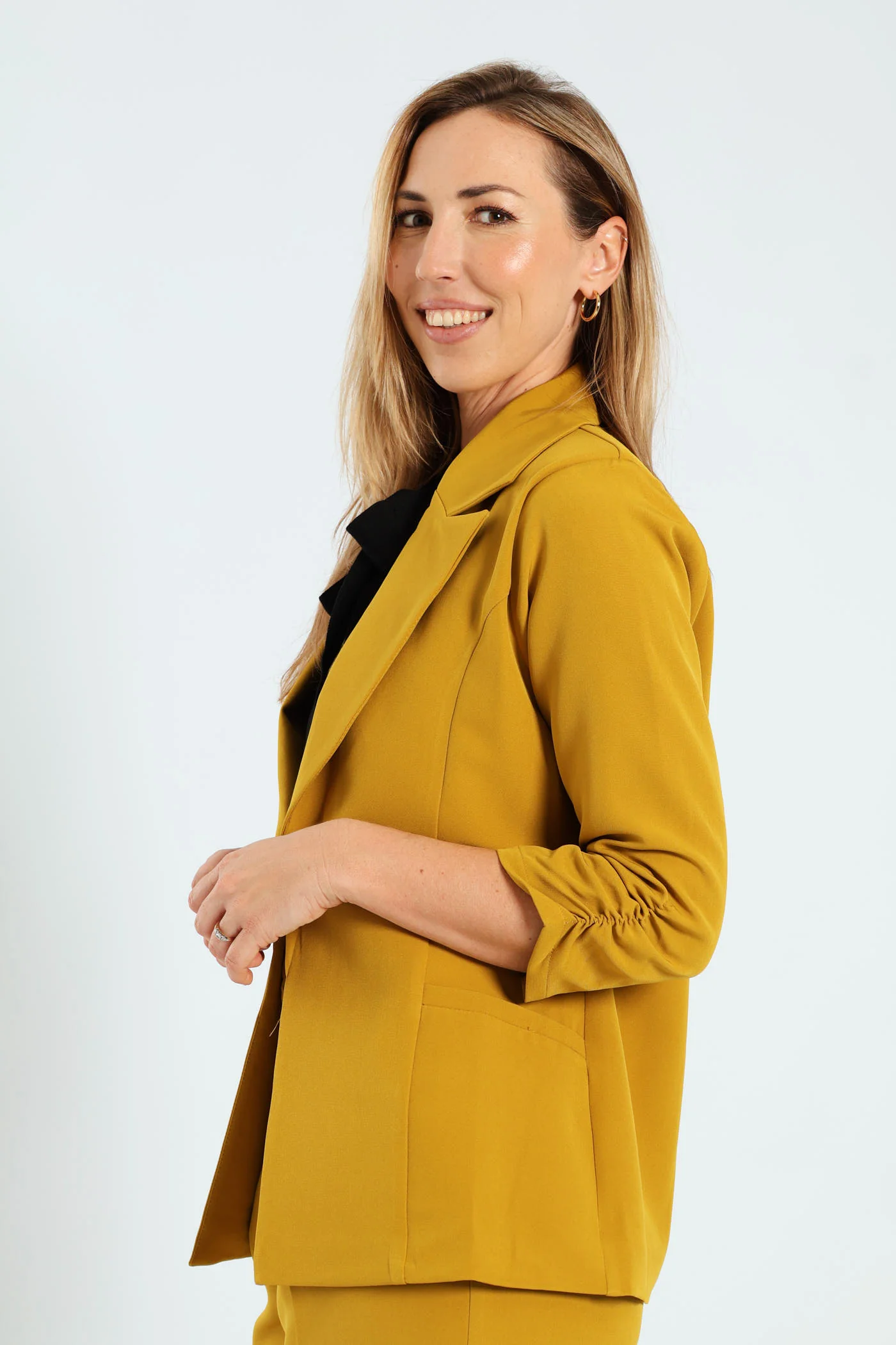 Notch Collar Gauged Sleeve Blazer - Mustard - Image 5