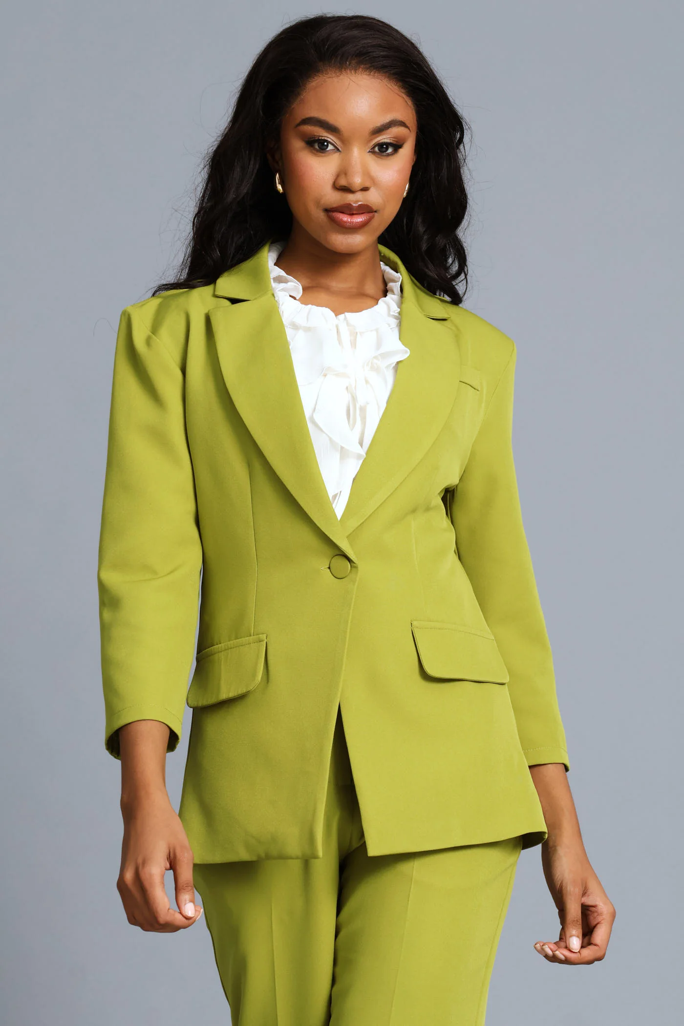 Notch Hem Button Blazer - Chartreuse - Image 2