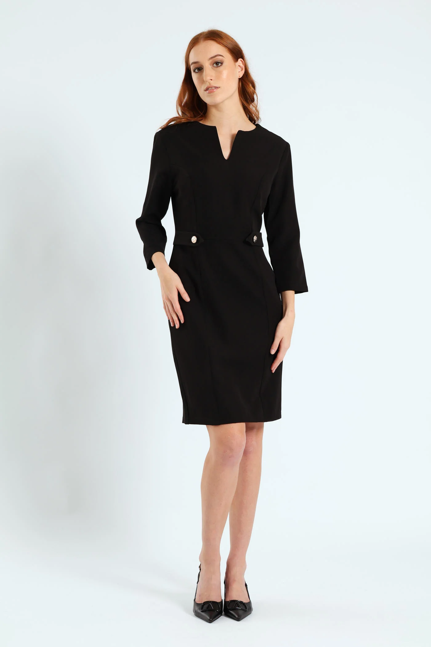 Notch Neck Work Pencil Dress - Black - Image 2