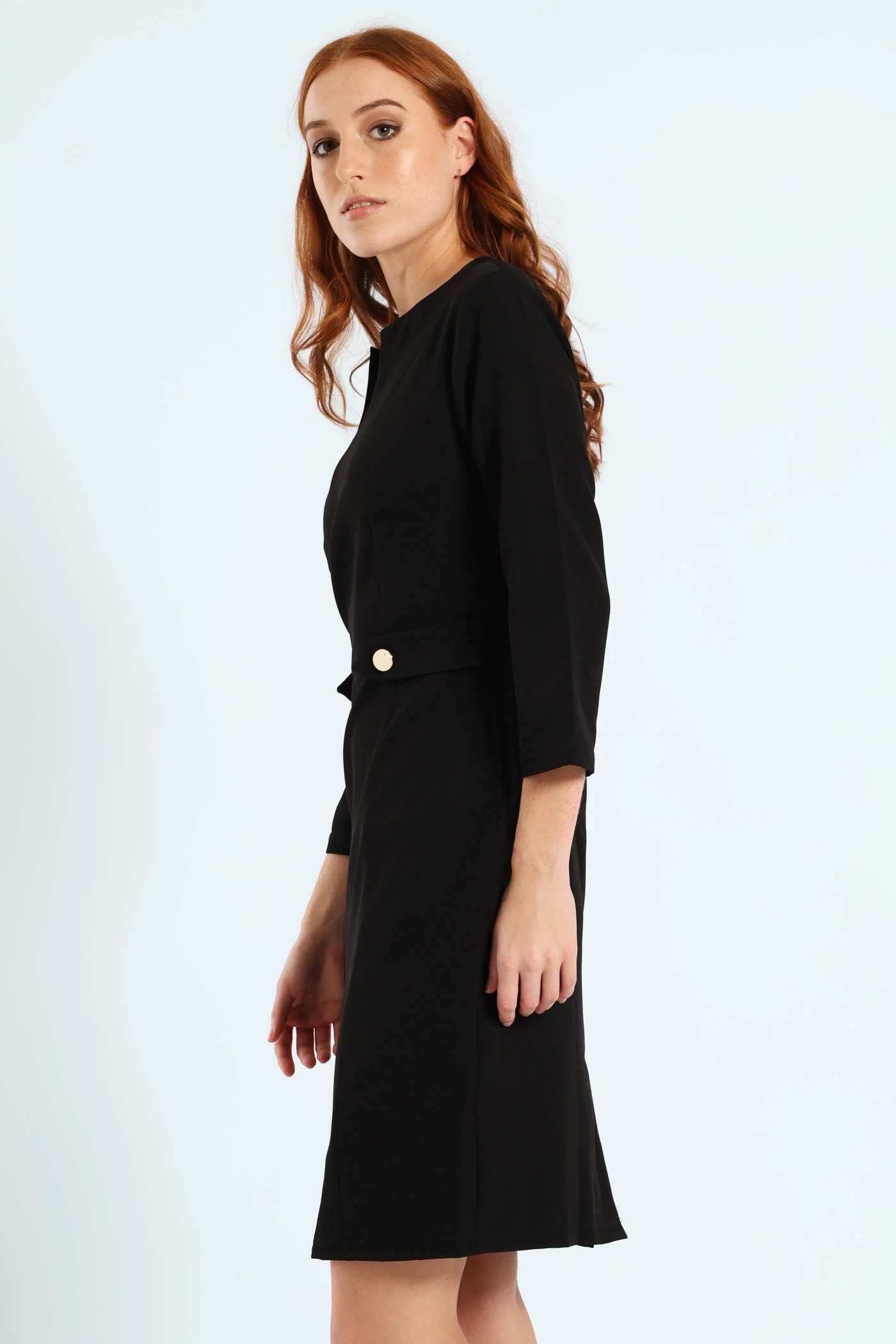 Notch Neck Work Pencil Dress - Black - Image 3