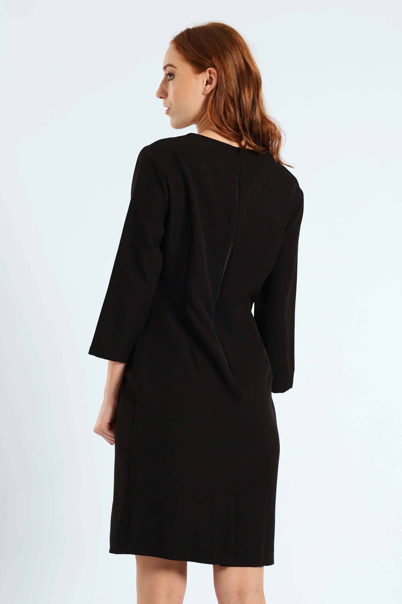 Notch Neck Work Pencil Dress - Black - Image 4