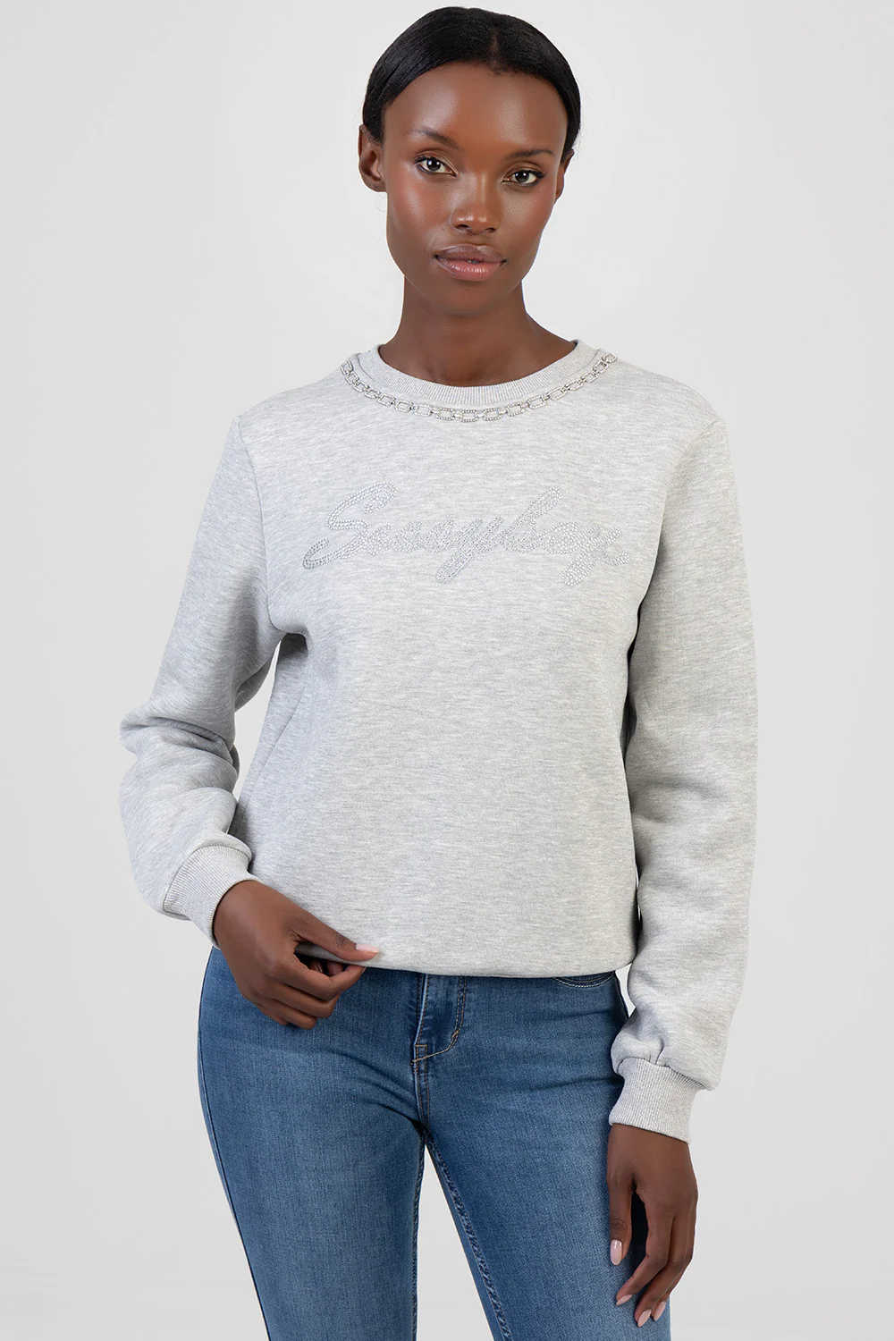 Notice Me Logo Sweat Top With Bling Branding - Grey Melange - Image 4