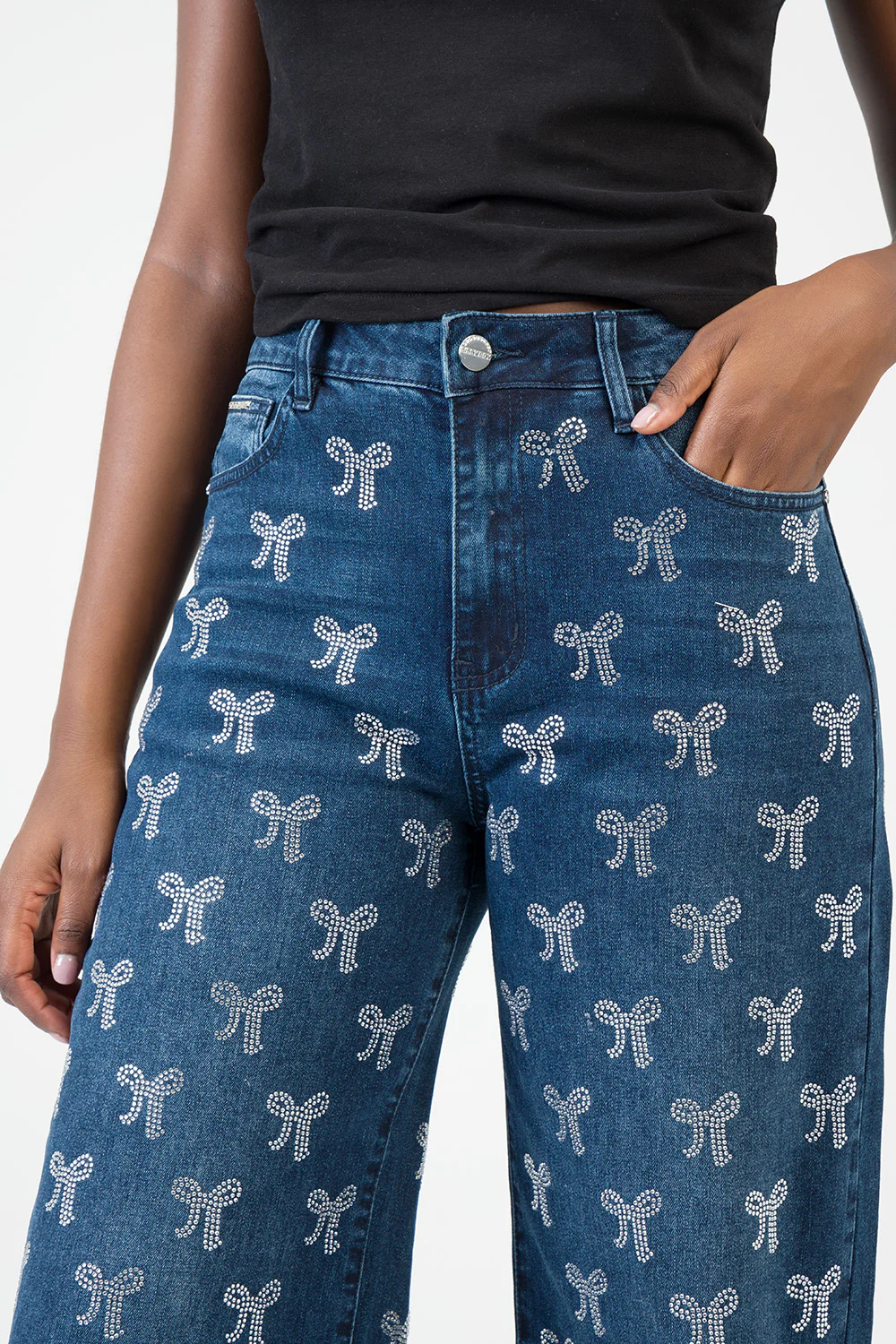 Nyla High Waist Wide Leg With Bling Bow Transfers - Dark Wash - Image 2