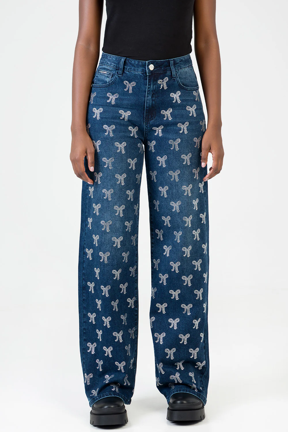 Nyla High Waist Wide Leg With Bling Bow Transfers - Dark Wash - Image 3