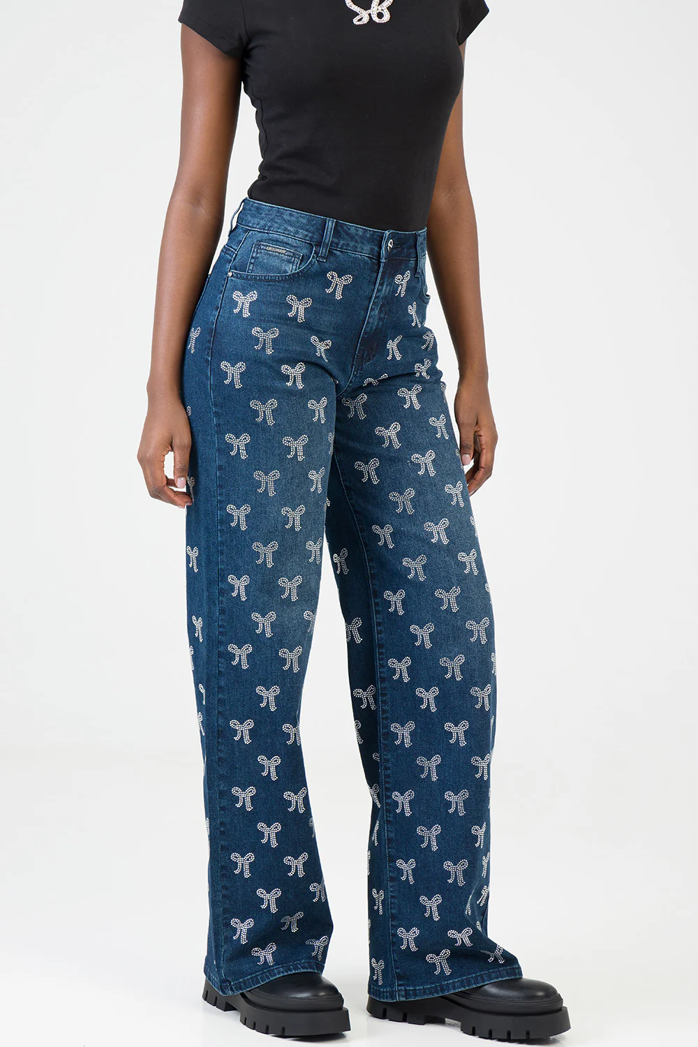 Nyla High Waist Wide Leg With Bling Bow Transfers - Dark Wash - Image 4