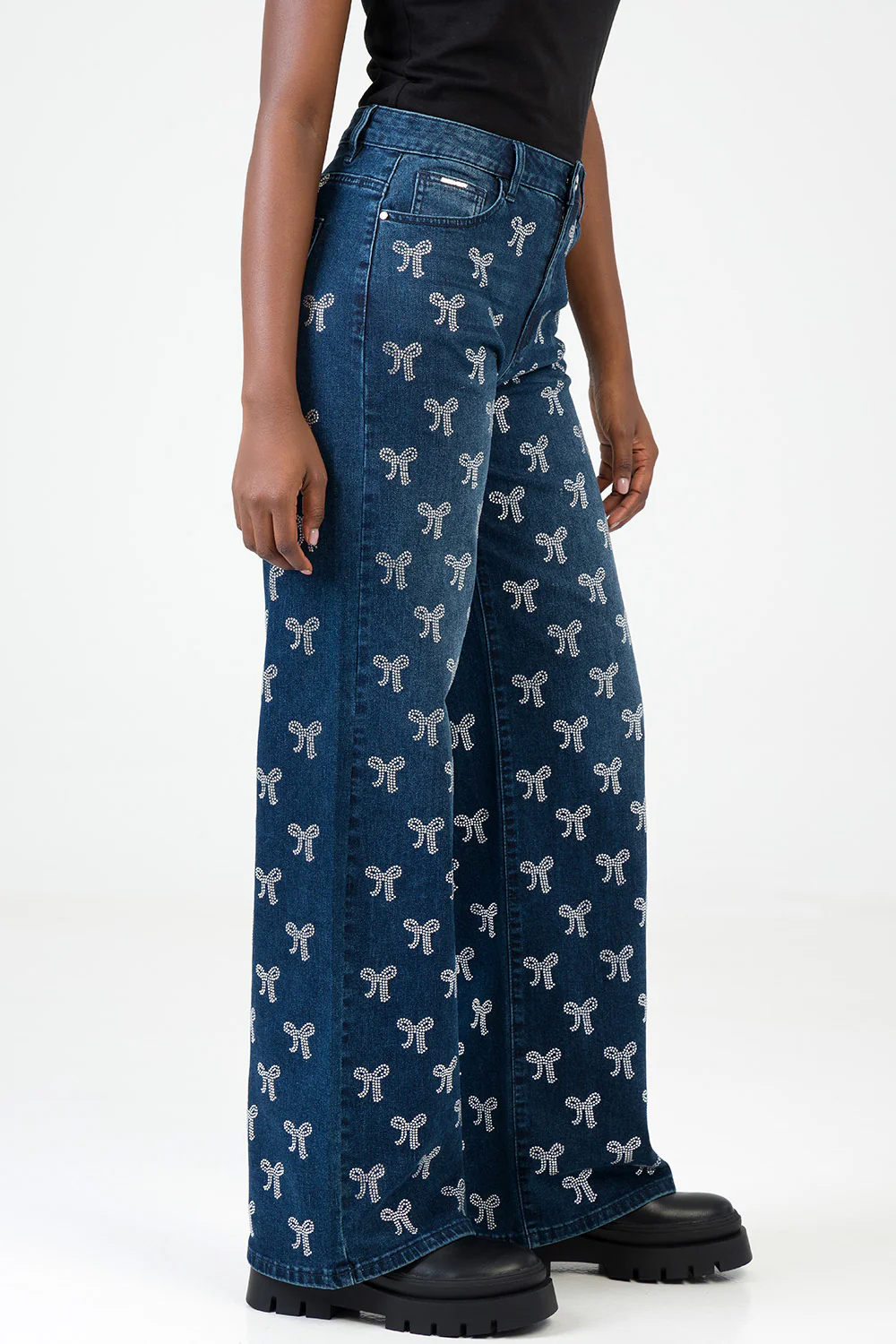 Nyla High Waist Wide Leg With Bling Bow Transfers - Dark Wash - Image 5