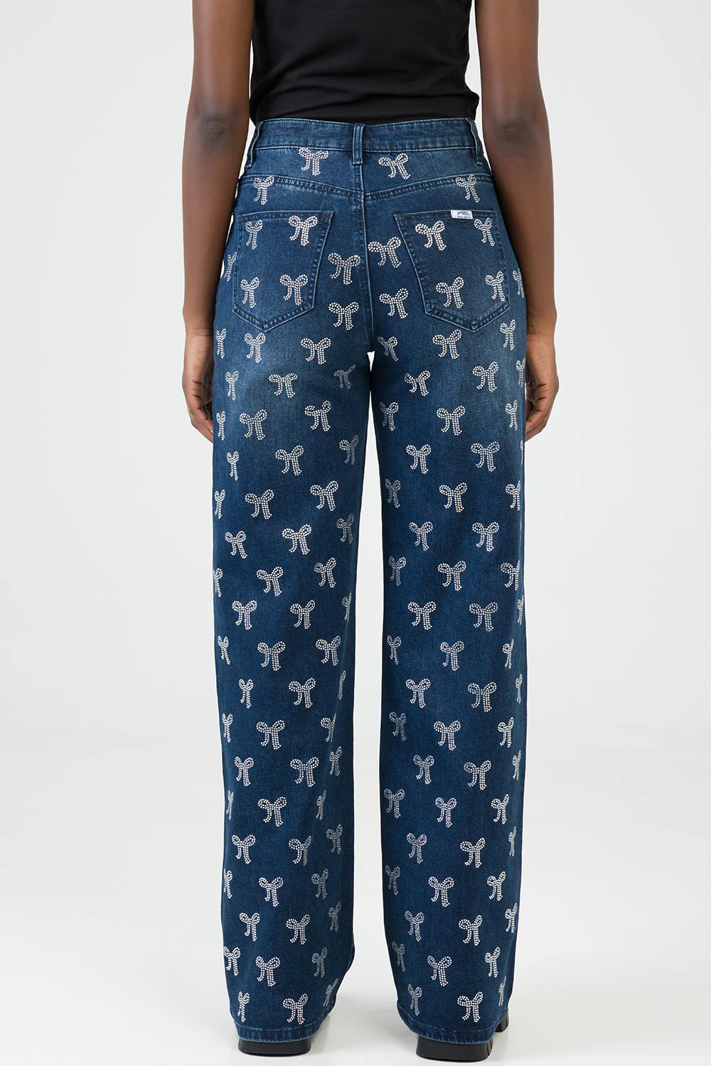 Nyla High Waist Wide Leg With Bling Bow Transfers - Dark Wash - Image 6