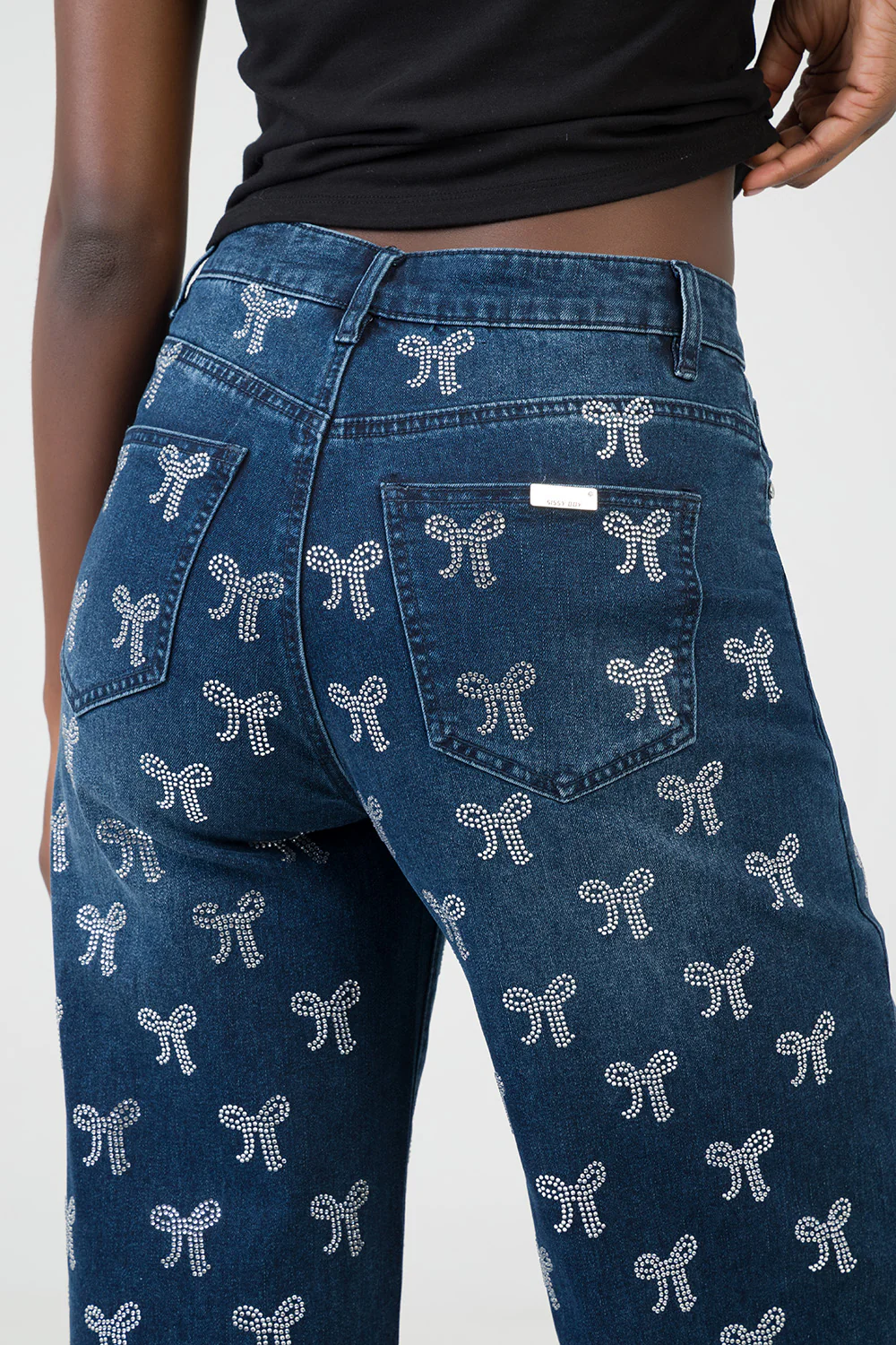Nyla High Waist Wide Leg With Bling Bow Transfers - Dark Wash - Image 7