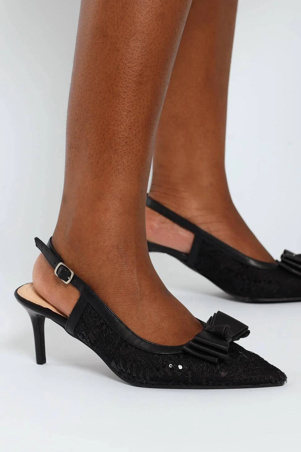 Mesh Detail Heel With Bow - Black - Image 2