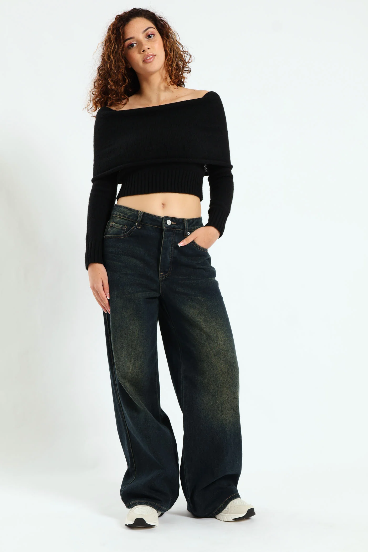 Off Shoulder Knit Top - Black - Image 2