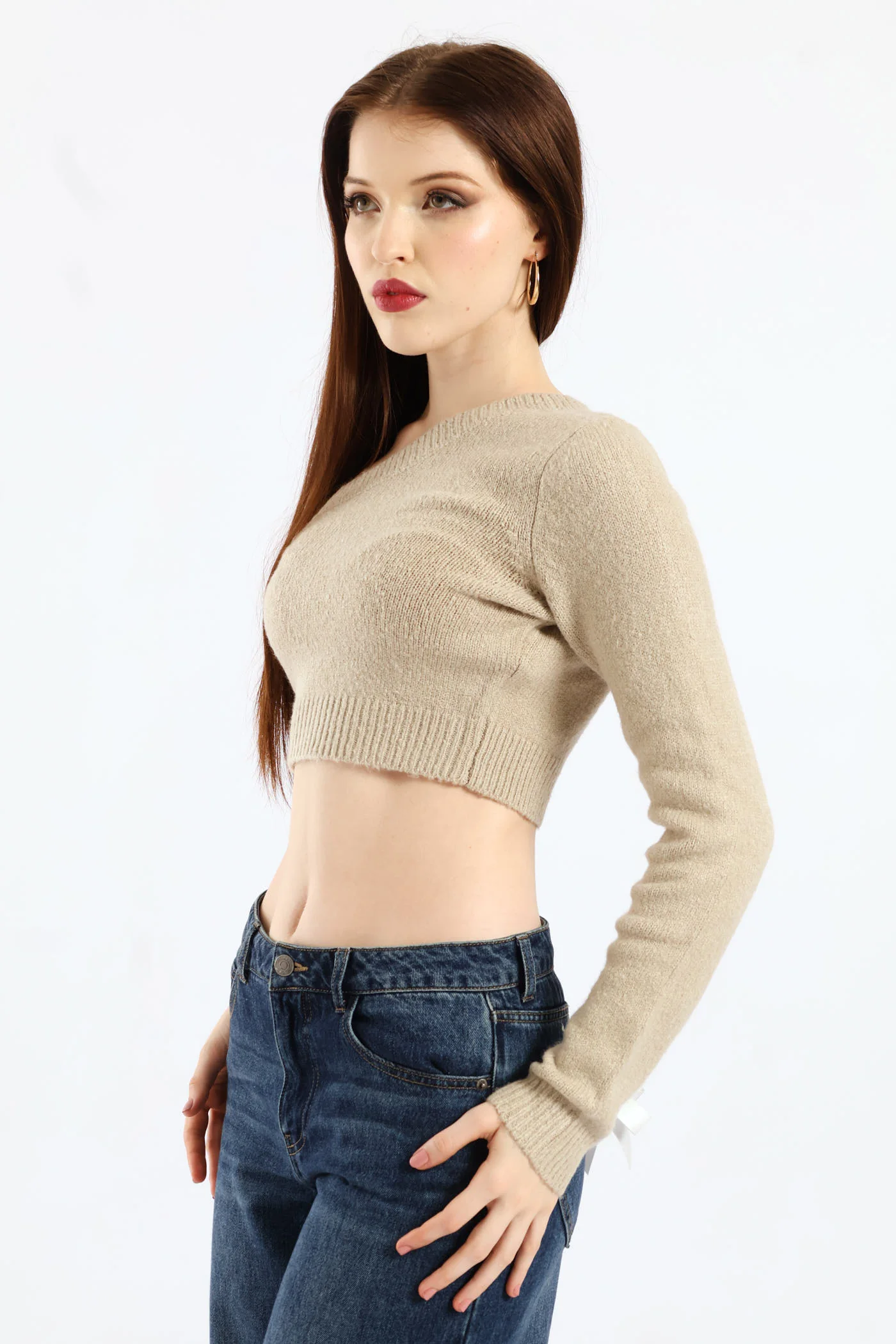 One Shoulder Cropped Sweater - Oatmeal - Image 4