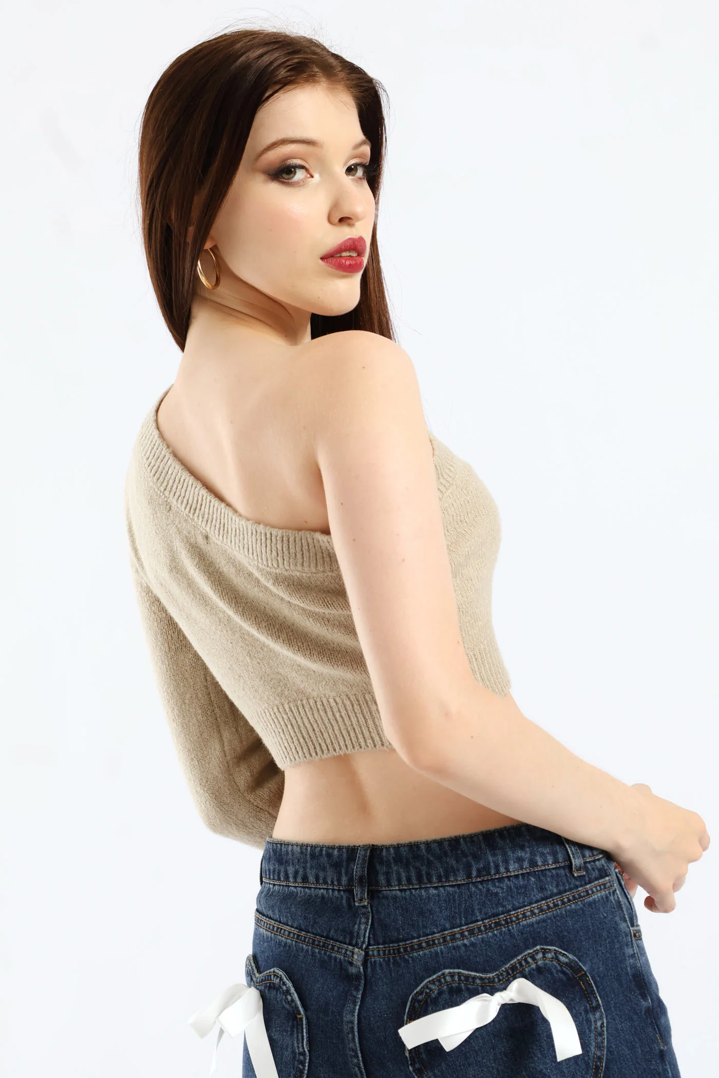 One Shoulder Cropped Sweater - Oatmeal - Image 5
