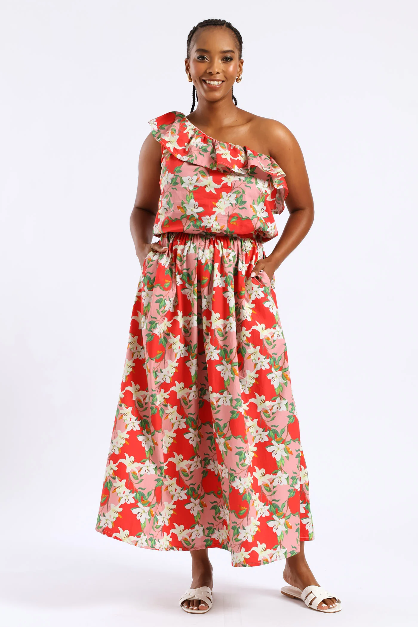 One Shoulder Floral Frill Top - Red/Pink - Image 2