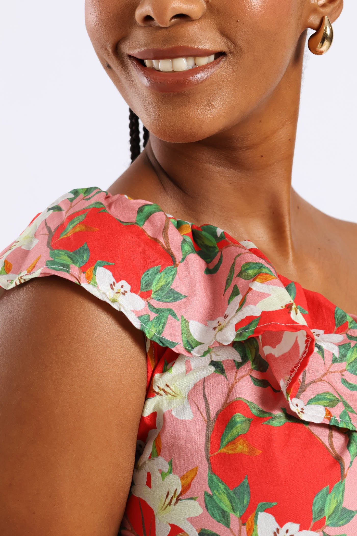 One Shoulder Floral Frill Top - Red/Pink - Image 4