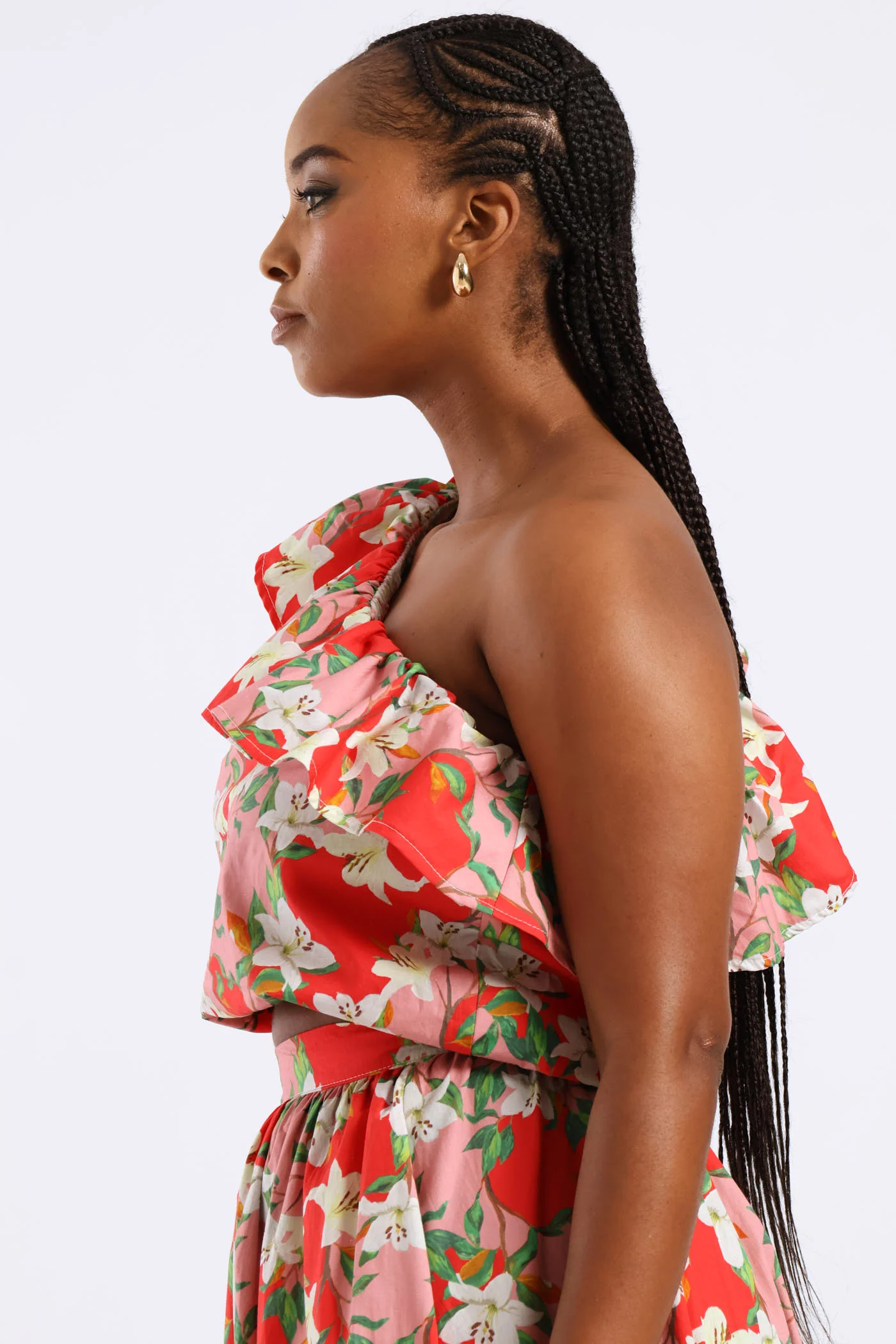 One Shoulder Floral Frill Top - Red/Pink - Image 5