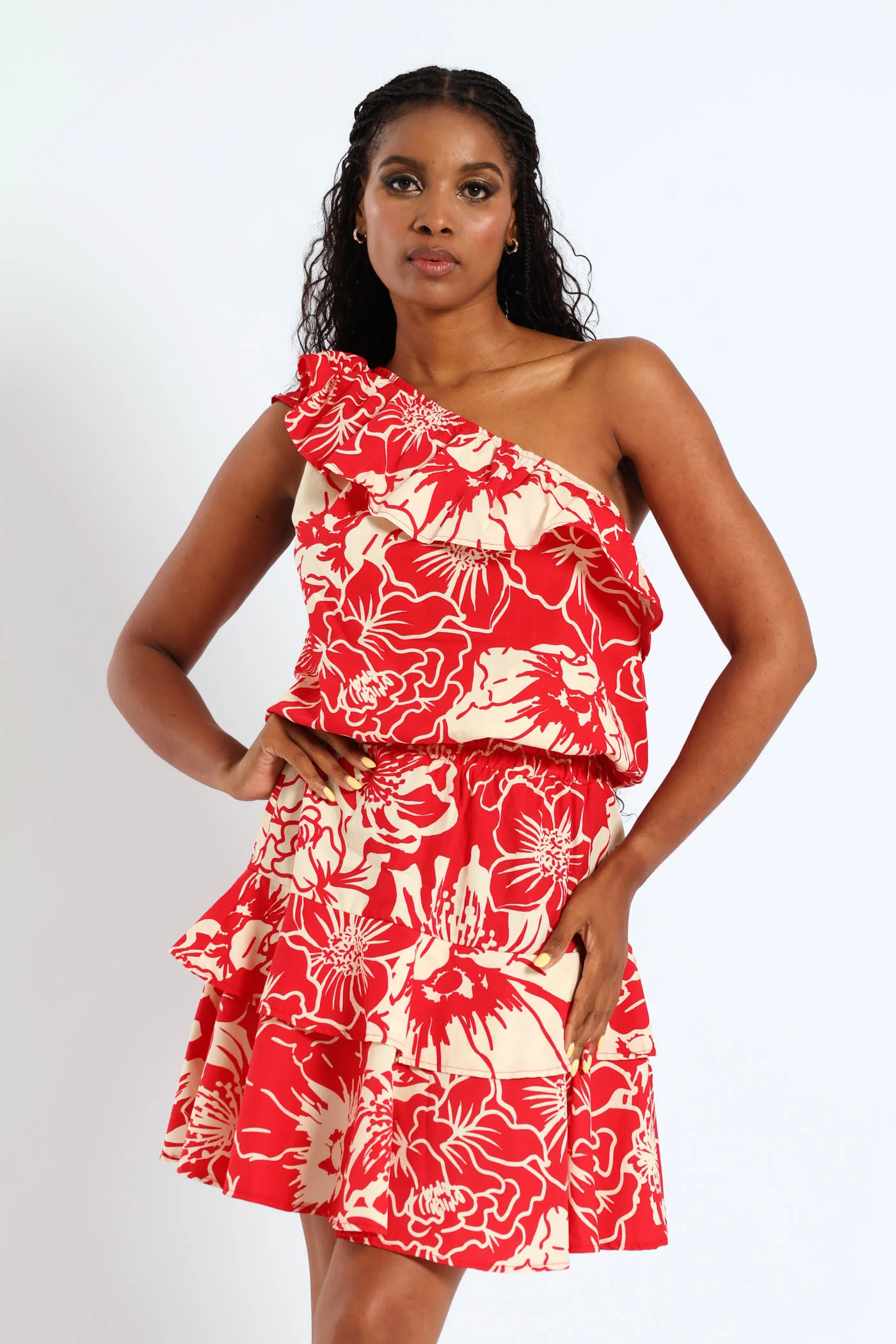 One Shoulder Floral Frill Top With Bubble Hem - White/Red - Image 4