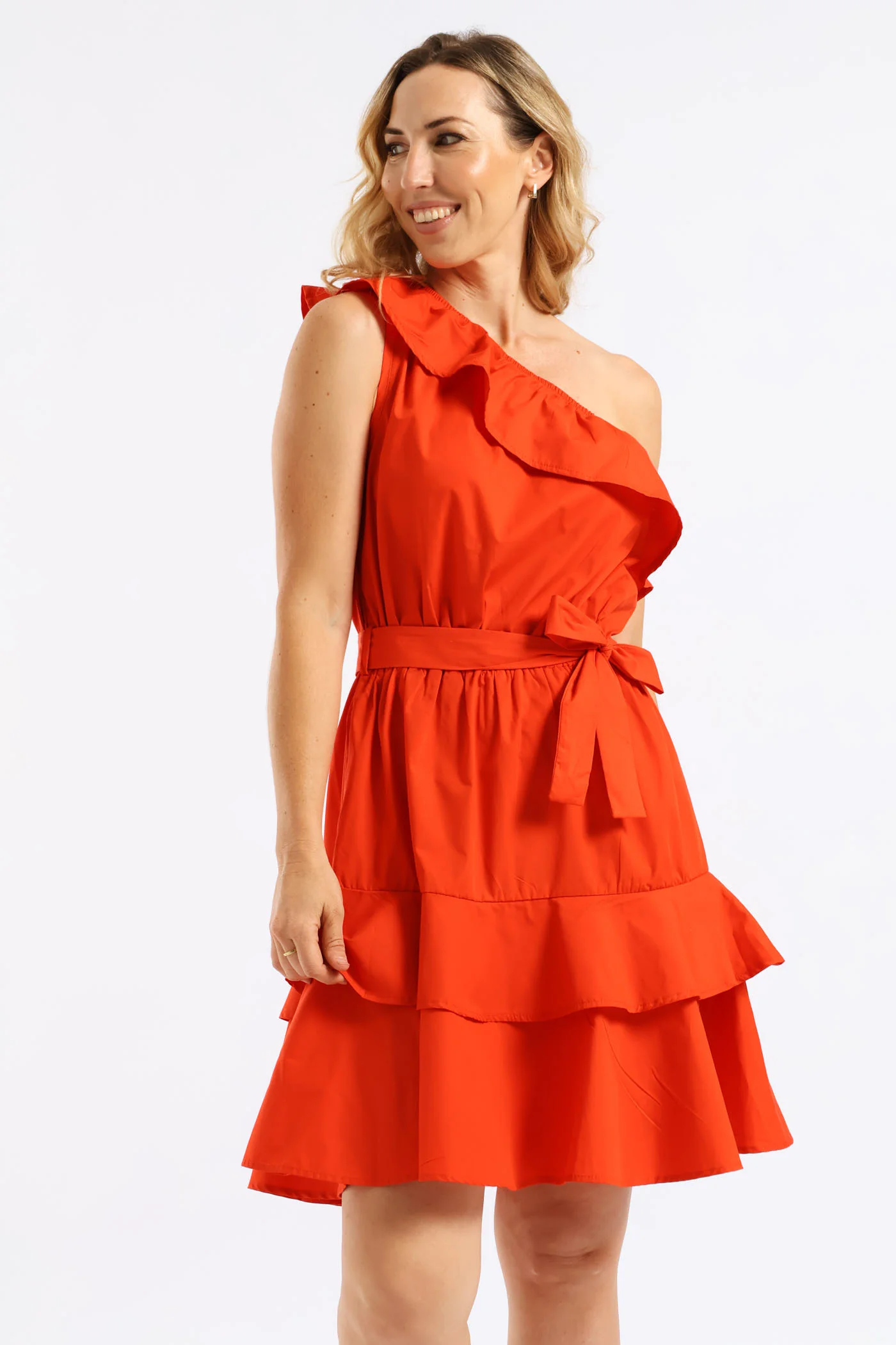One Shoulder Frill Self Belted Tiered Mini Dress - Bright Orange - Image 2