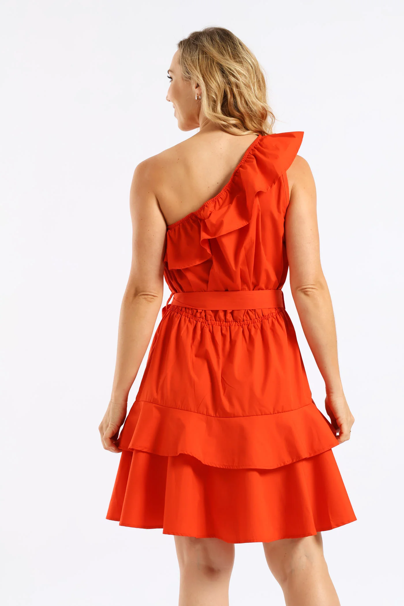 One Shoulder Frill Self Belted Tiered Mini Dress - Bright Orange - Image 3