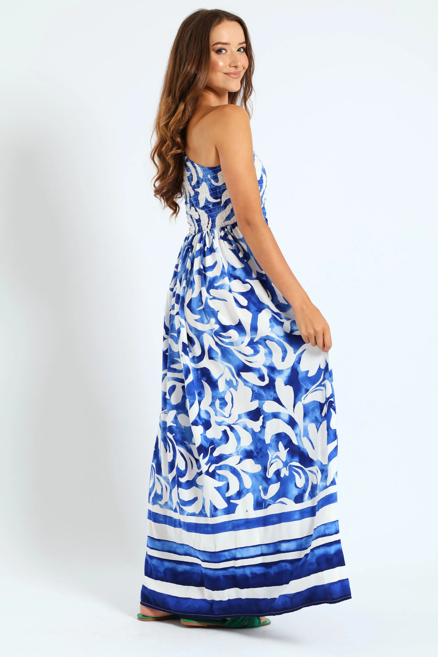 One Shoulder Shirred Bodice Floral Border Print Maxi Dress - White/Blue - Image 4