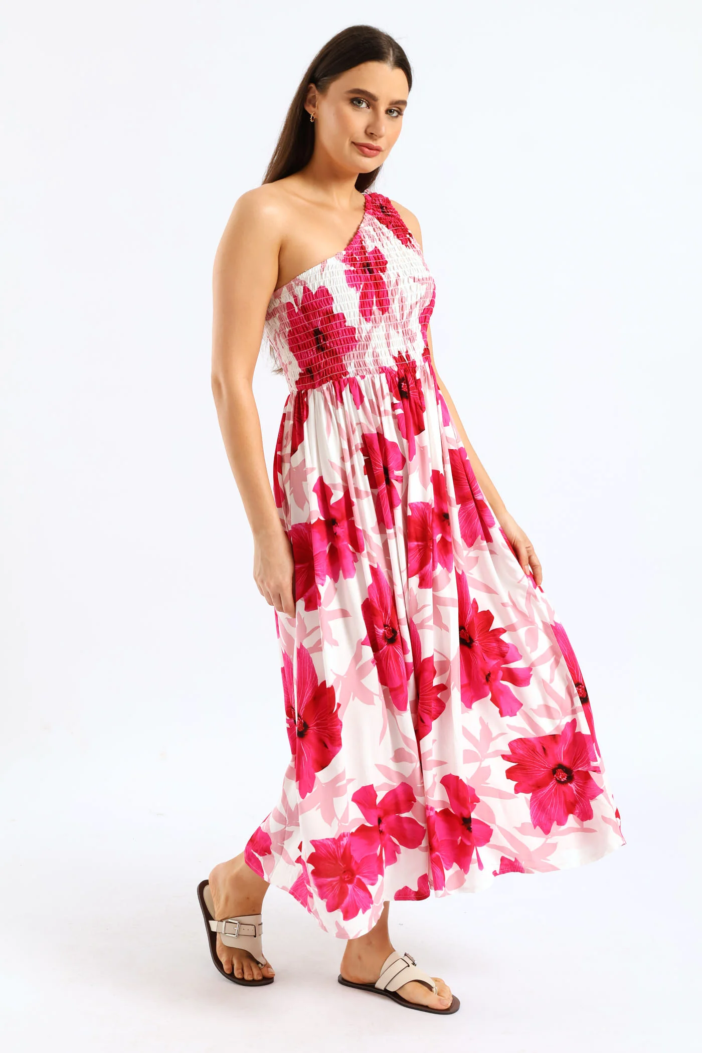 One Shoulder Shirred Bodice Maxi Dress - White/Pink - Image 3