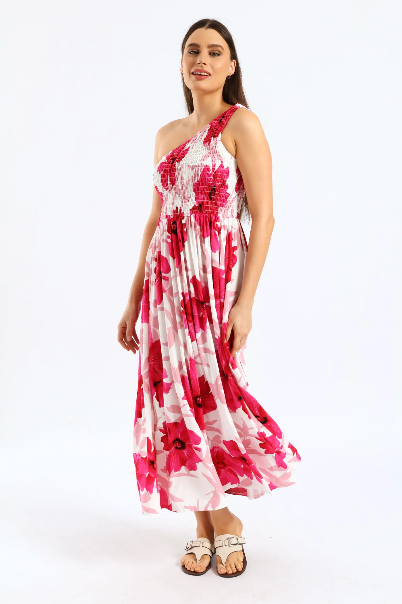 One Shoulder Shirred Bodice Maxi Dress - White/Pink - Image 4