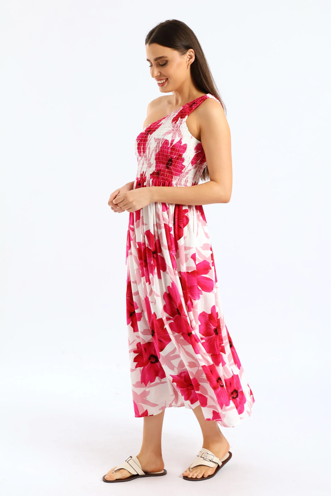 One Shoulder Shirred Bodice Maxi Dress - White/Pink - Image 5