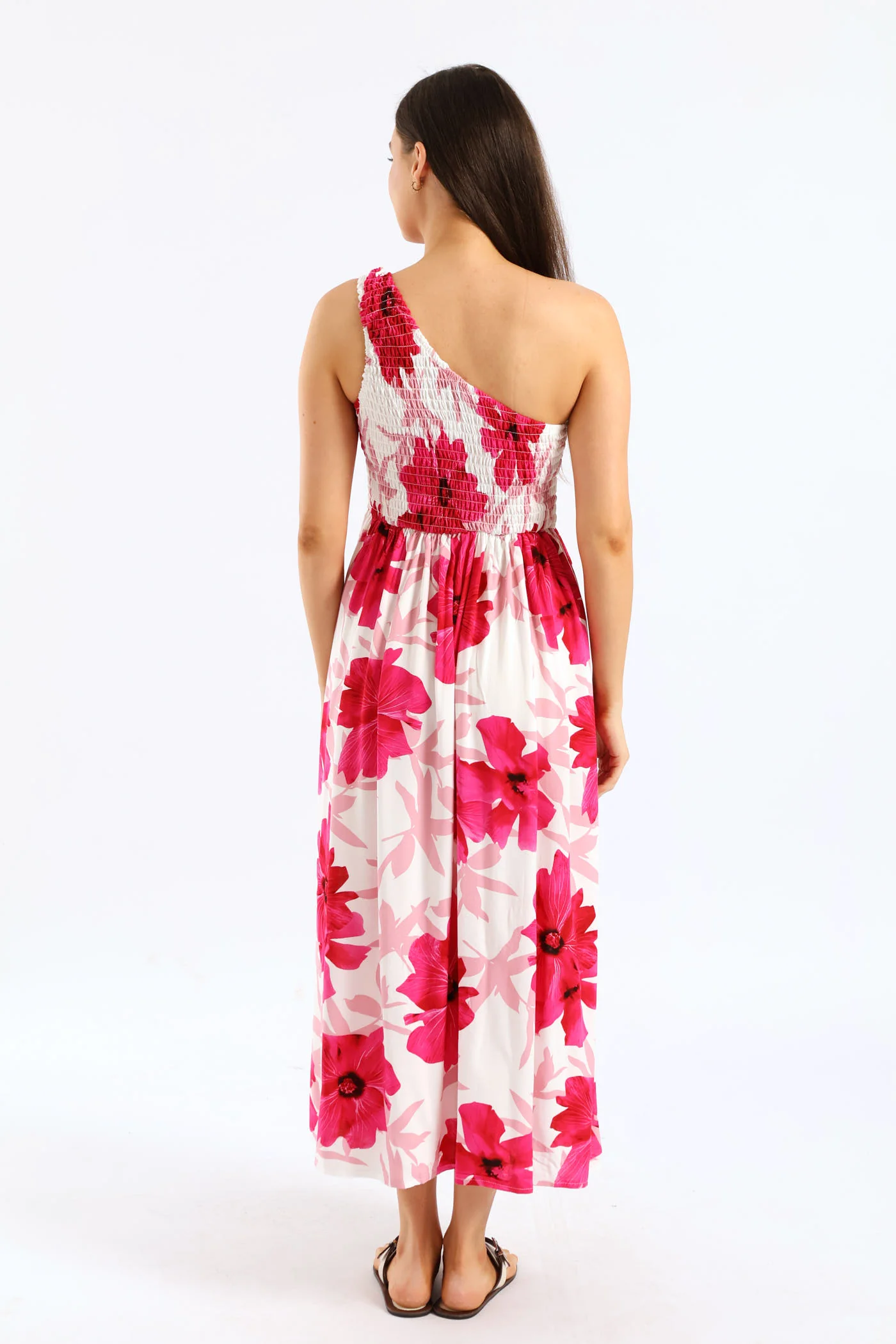 One Shoulder Shirred Bodice Maxi Dress - White/Pink - Image 6