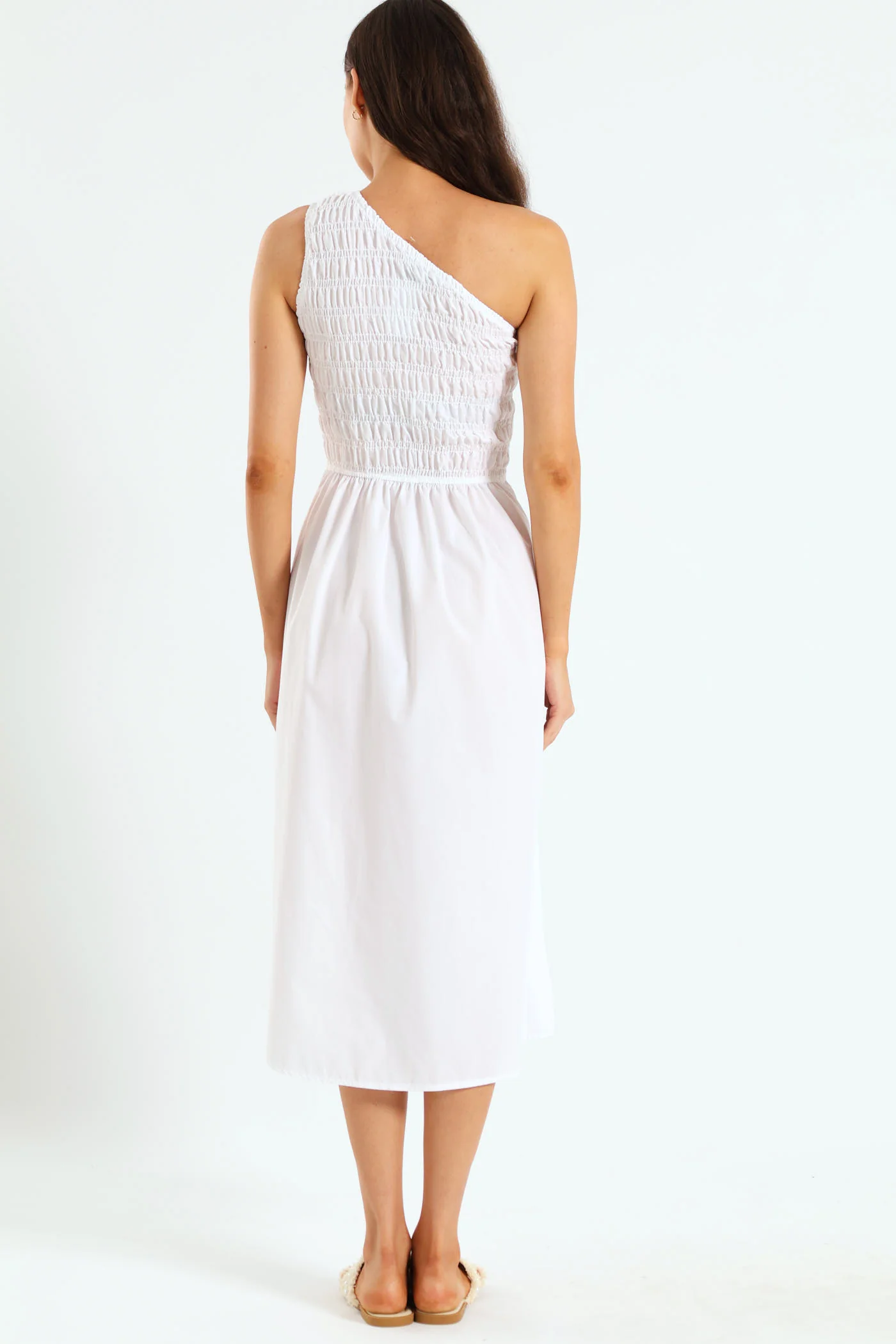 One Shoulder Shirred Bodice Midaxi Dress - Bright White - Image 2