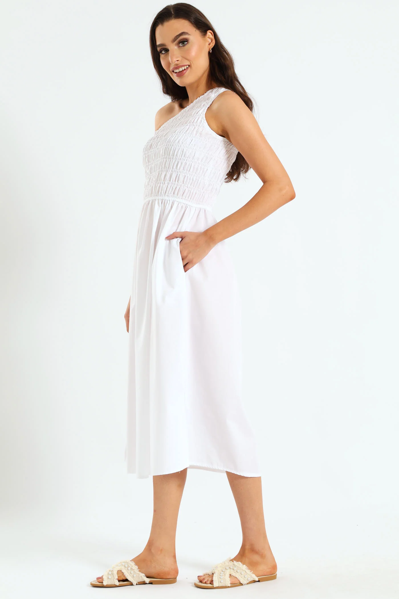 One Shoulder Shirred Bodice Midaxi Dress - Bright White - Image 3