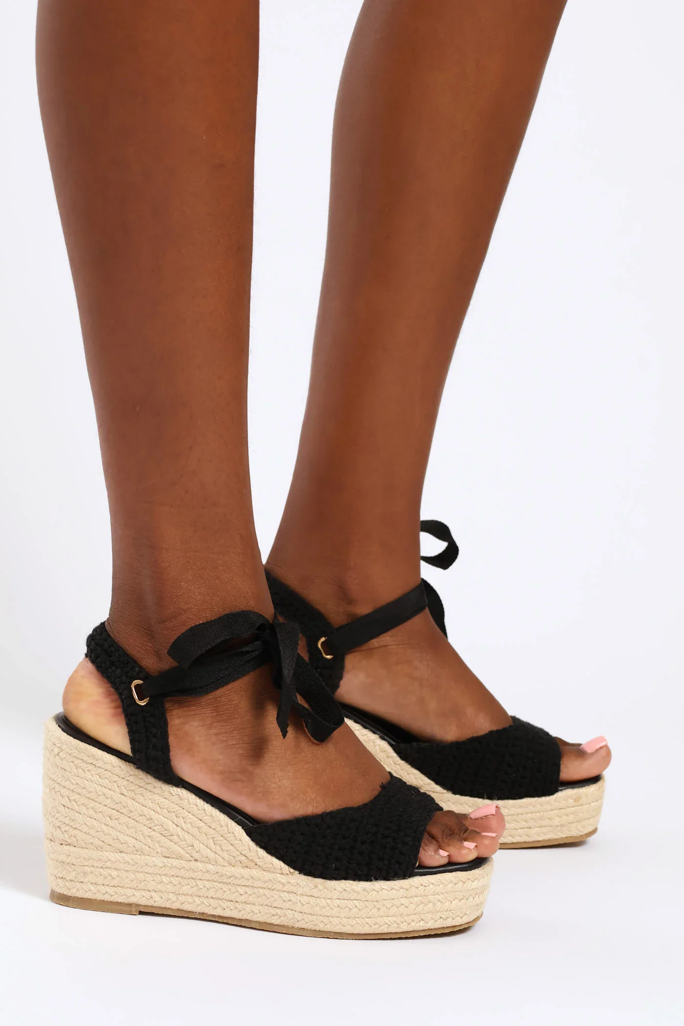 Open Toe Weaved Lace Up Wedge Heel - Black - Image 3