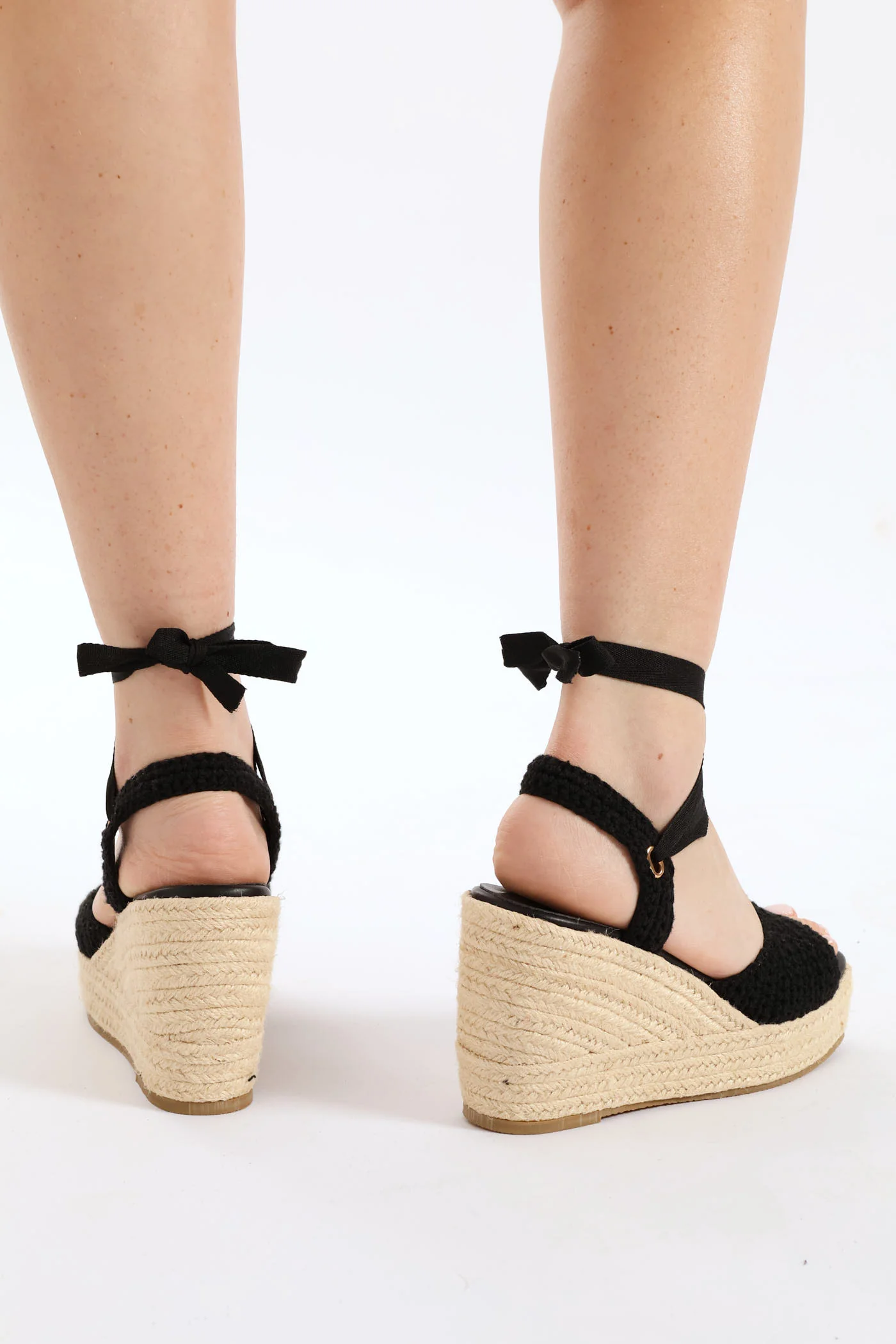 Open Toe Weaved Lace Up Wedge Heel - Black - Image 4