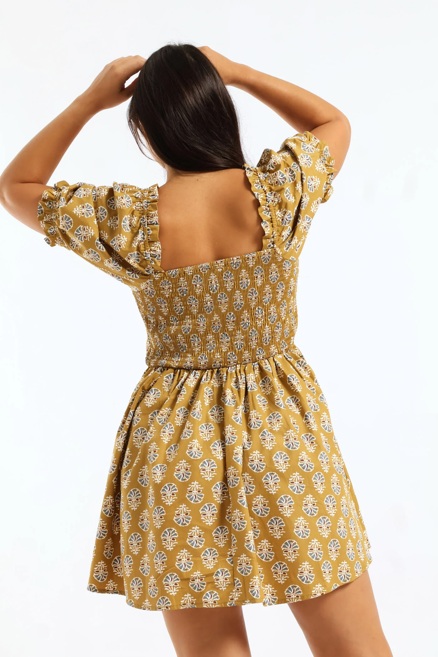 Oriental Printed Puff Sleeve Mini Dress - Tumeric - Image 2