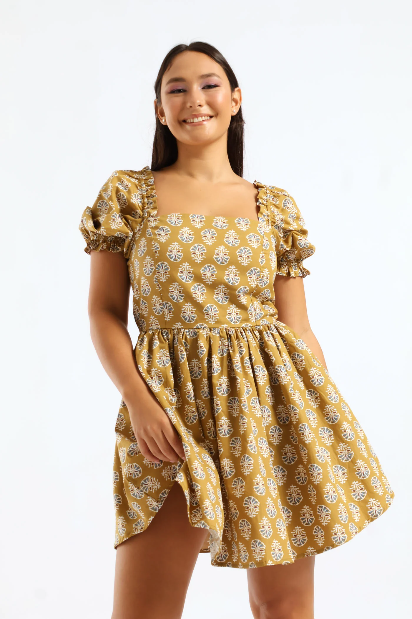 Oriental Printed Puff Sleeve Mini Dress - Tumeric - Image 3