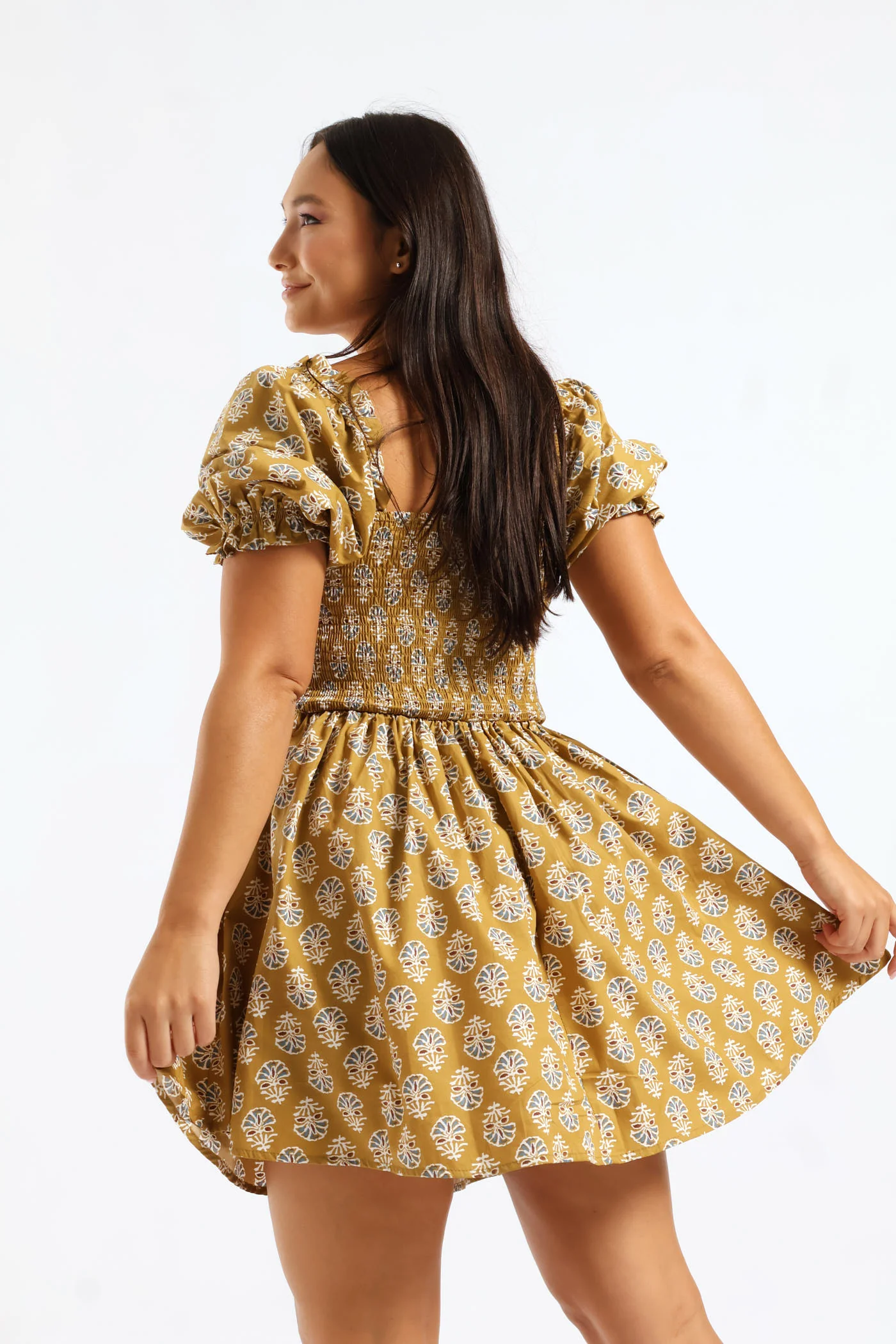 Oriental Printed Puff Sleeve Mini Dress - Tumeric - Image 4