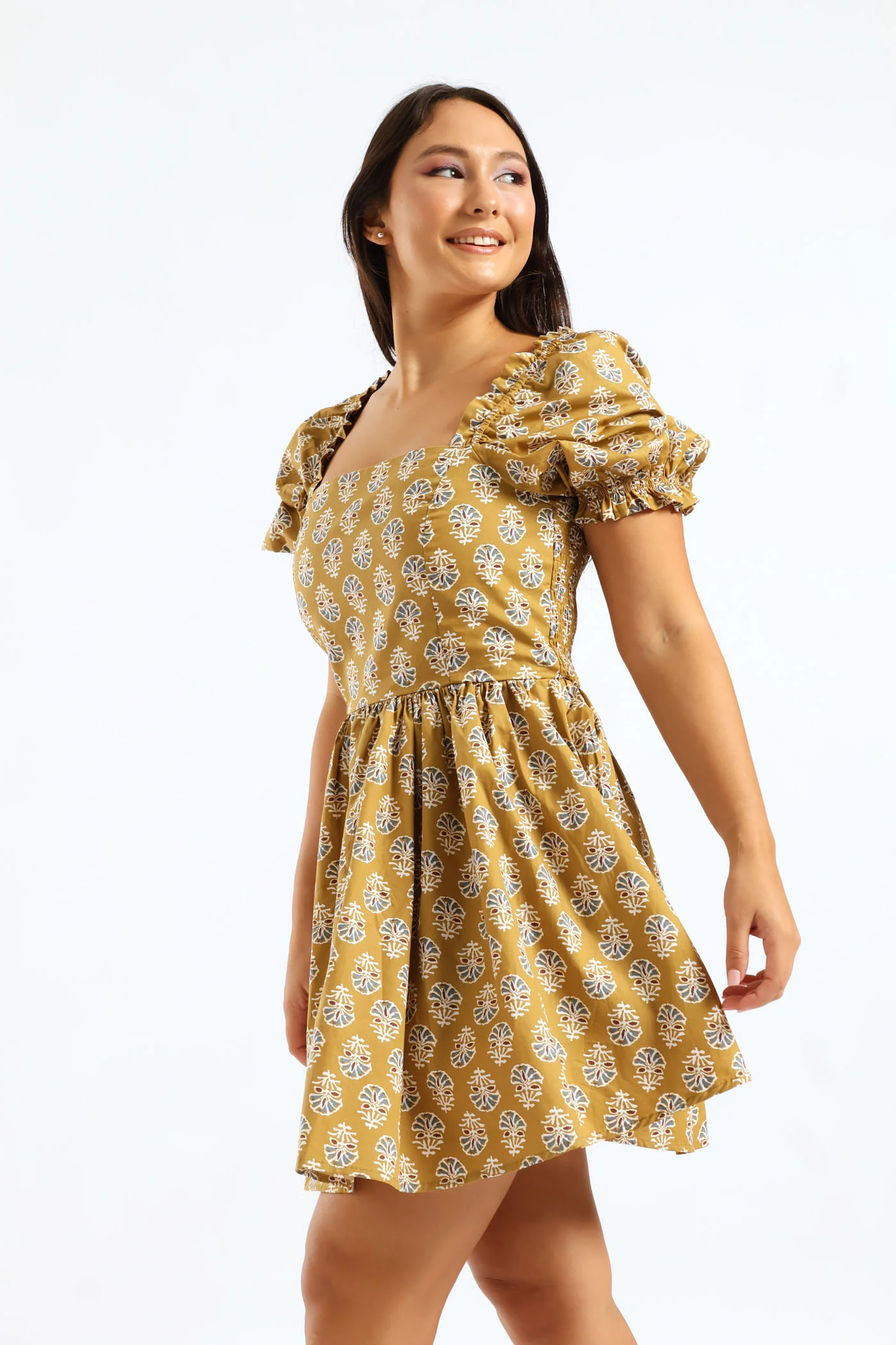 Oriental Printed Puff Sleeve Mini Dress - Tumeric - Image 5