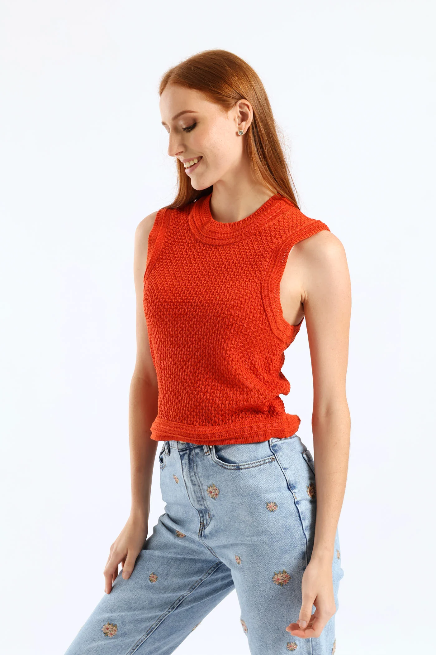 Ottoman Stitch Detail Textured Knitwear Tank - Burnt Orange - Image 5