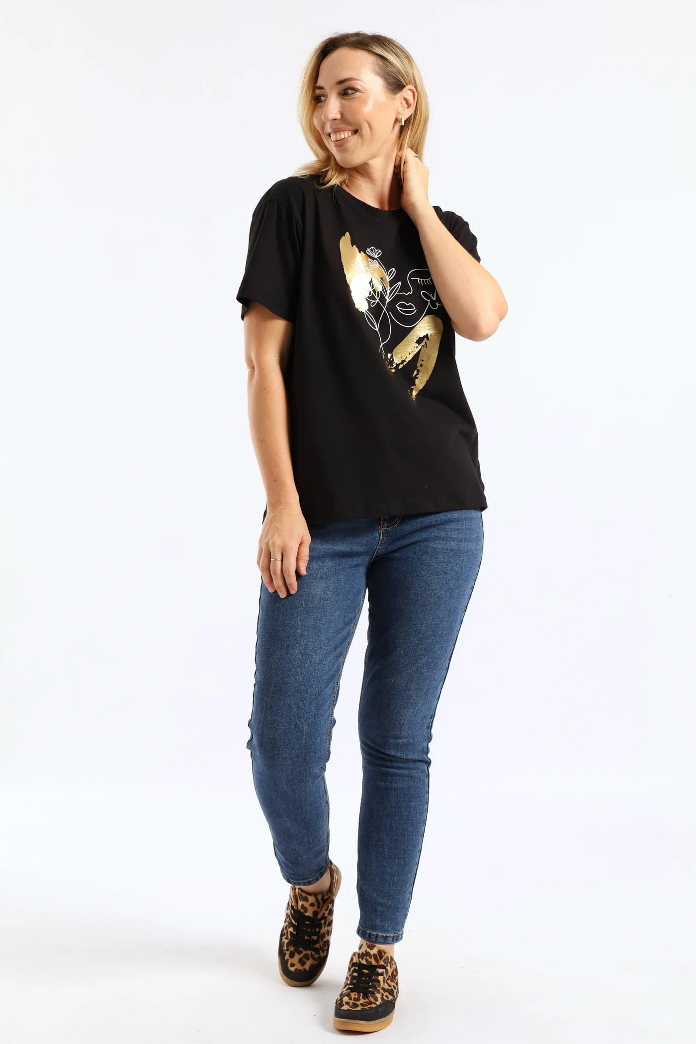 Outline Floral Foil Face Tee - Black - Image 4