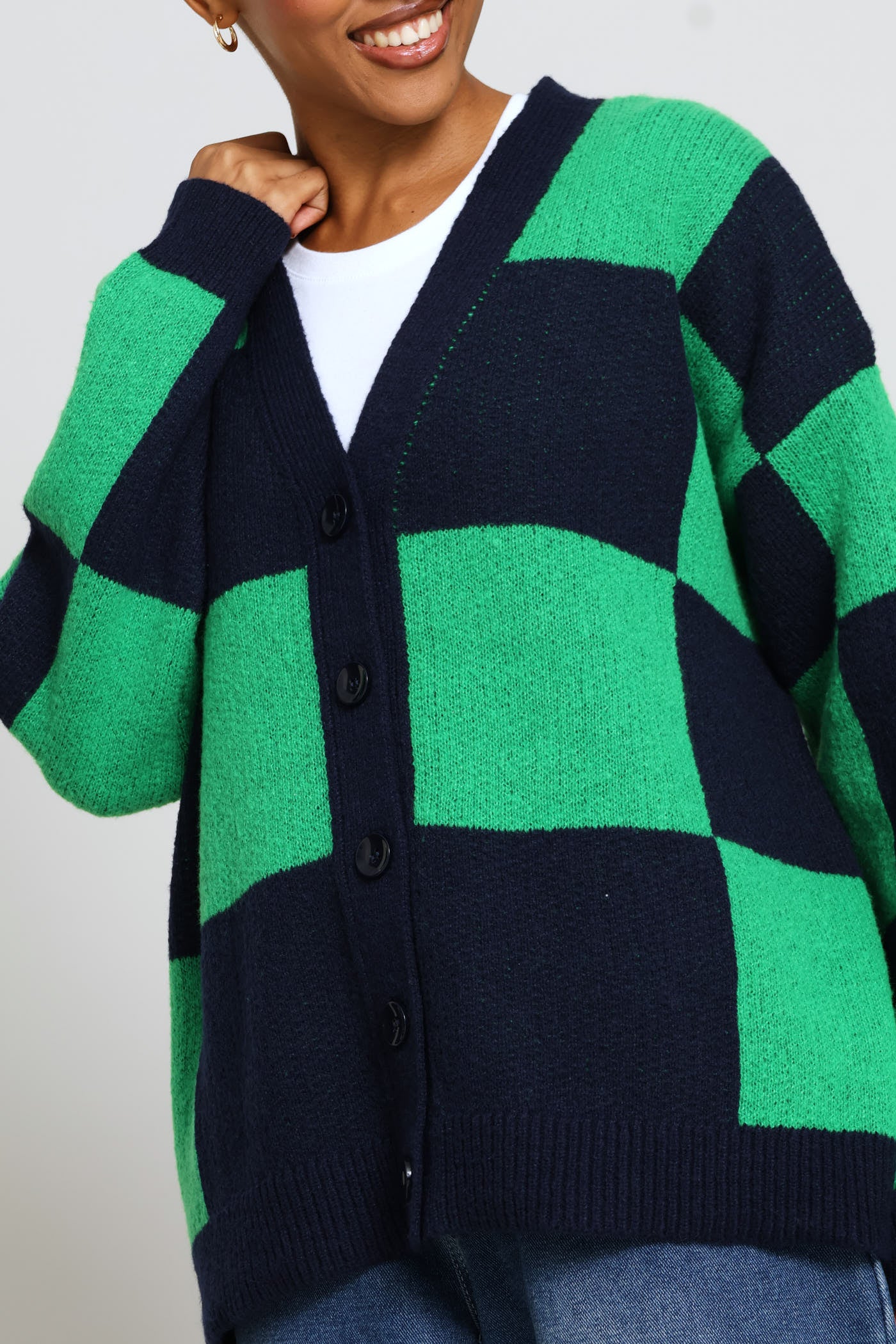 Oversized Checkerboard Cardigan - Navy/Green - Image 2