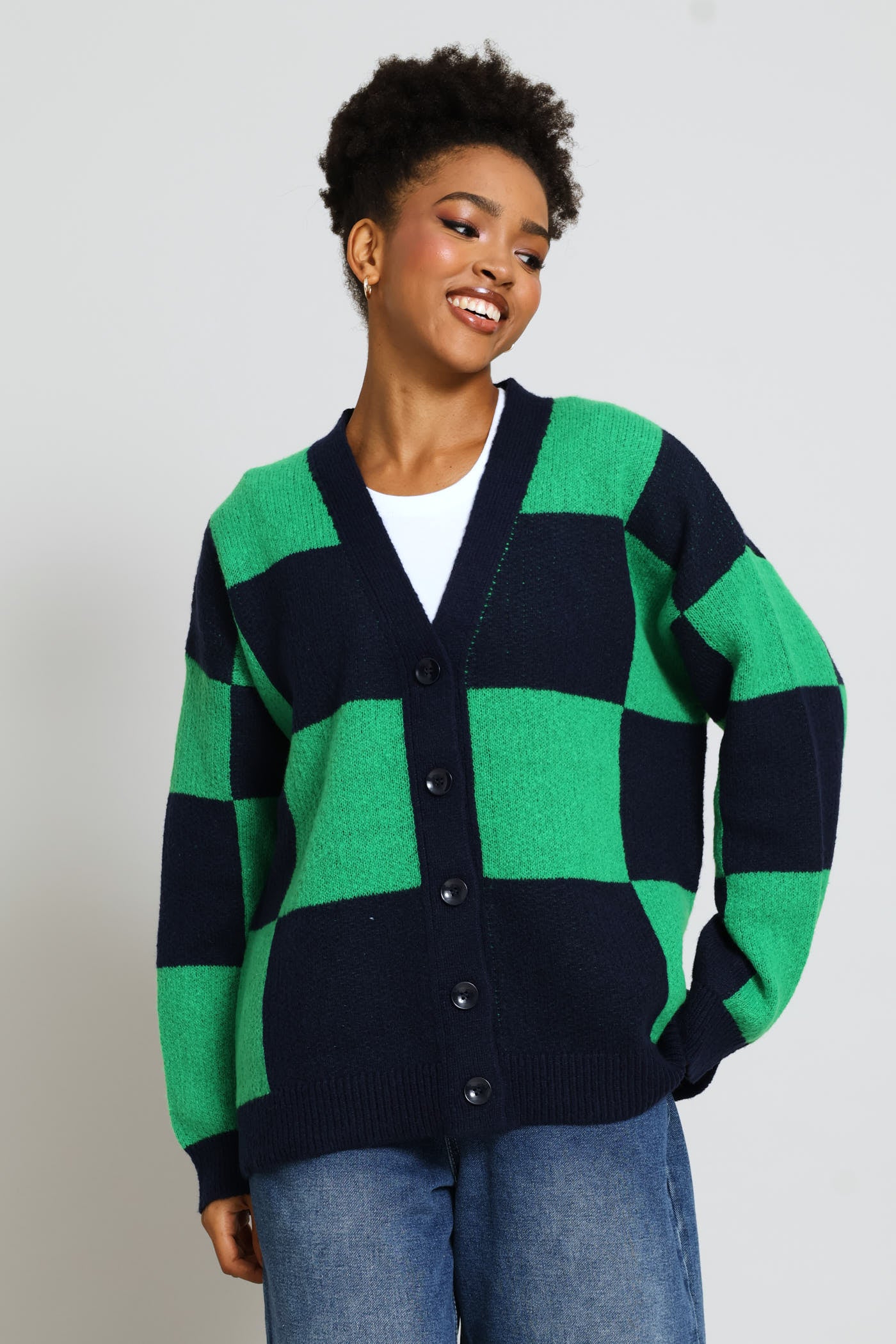 Oversized Checkerboard Cardigan - Navy/Green - Image 3