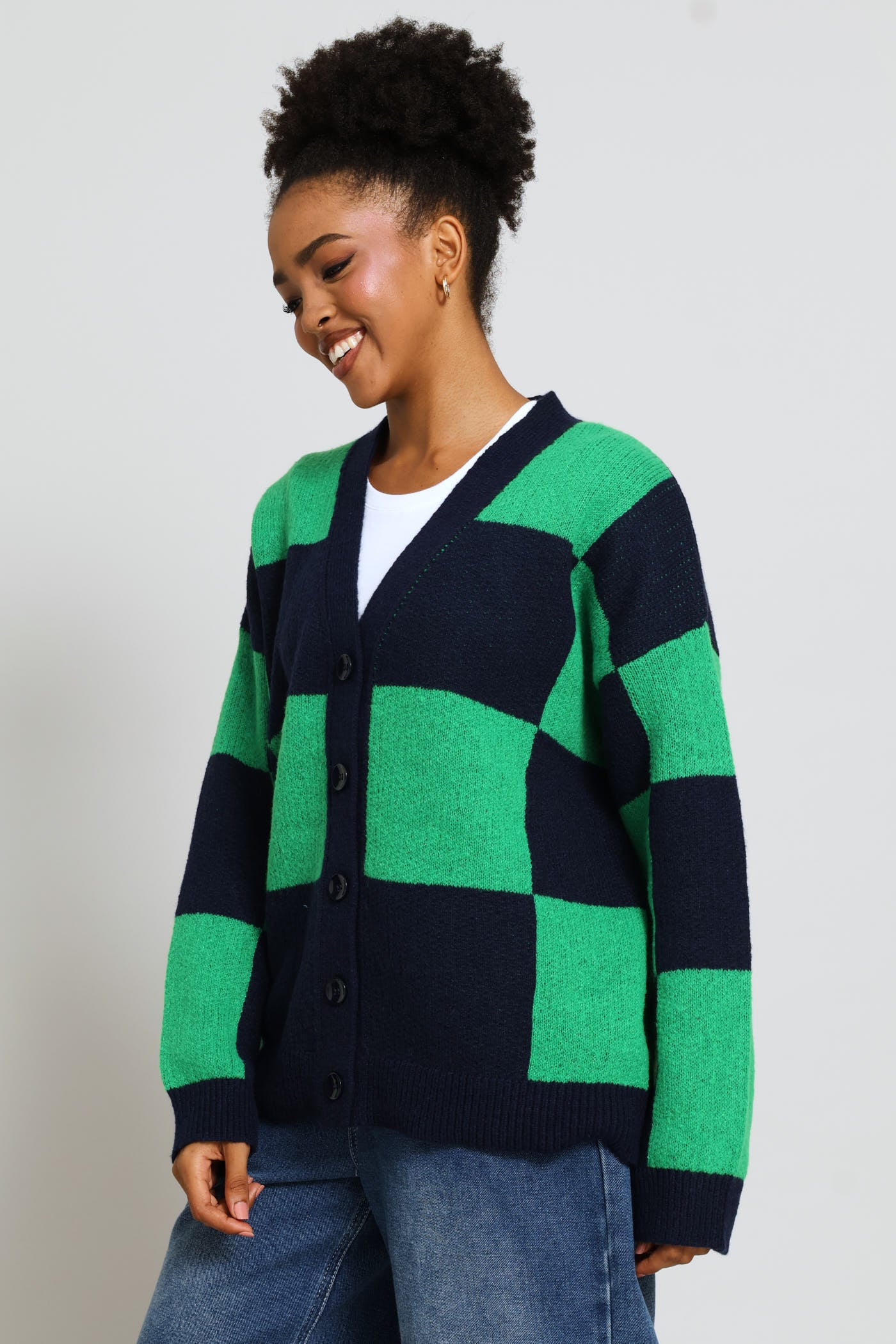 Oversized Checkerboard Cardigan - Navy/Green - Image 4