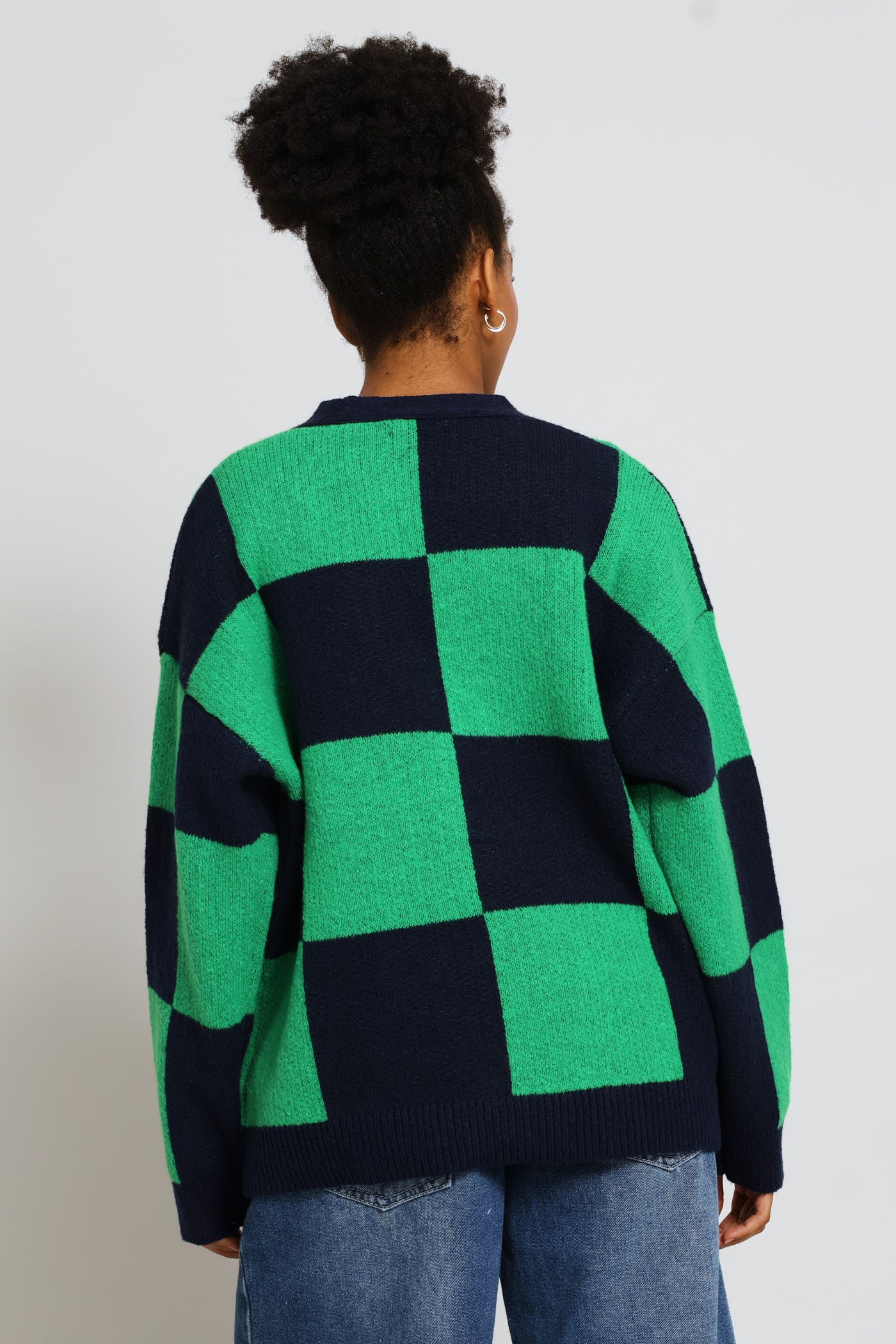 Oversized Checkerboard Cardigan - Navy/Green - Image 5