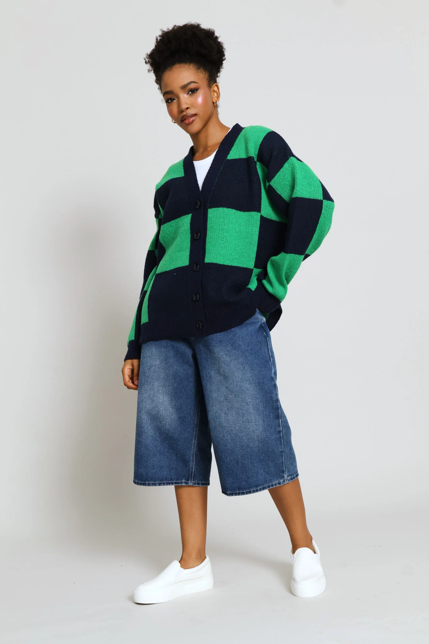 Oversized Checkerboard Cardigan - Navy/Green - Image 6