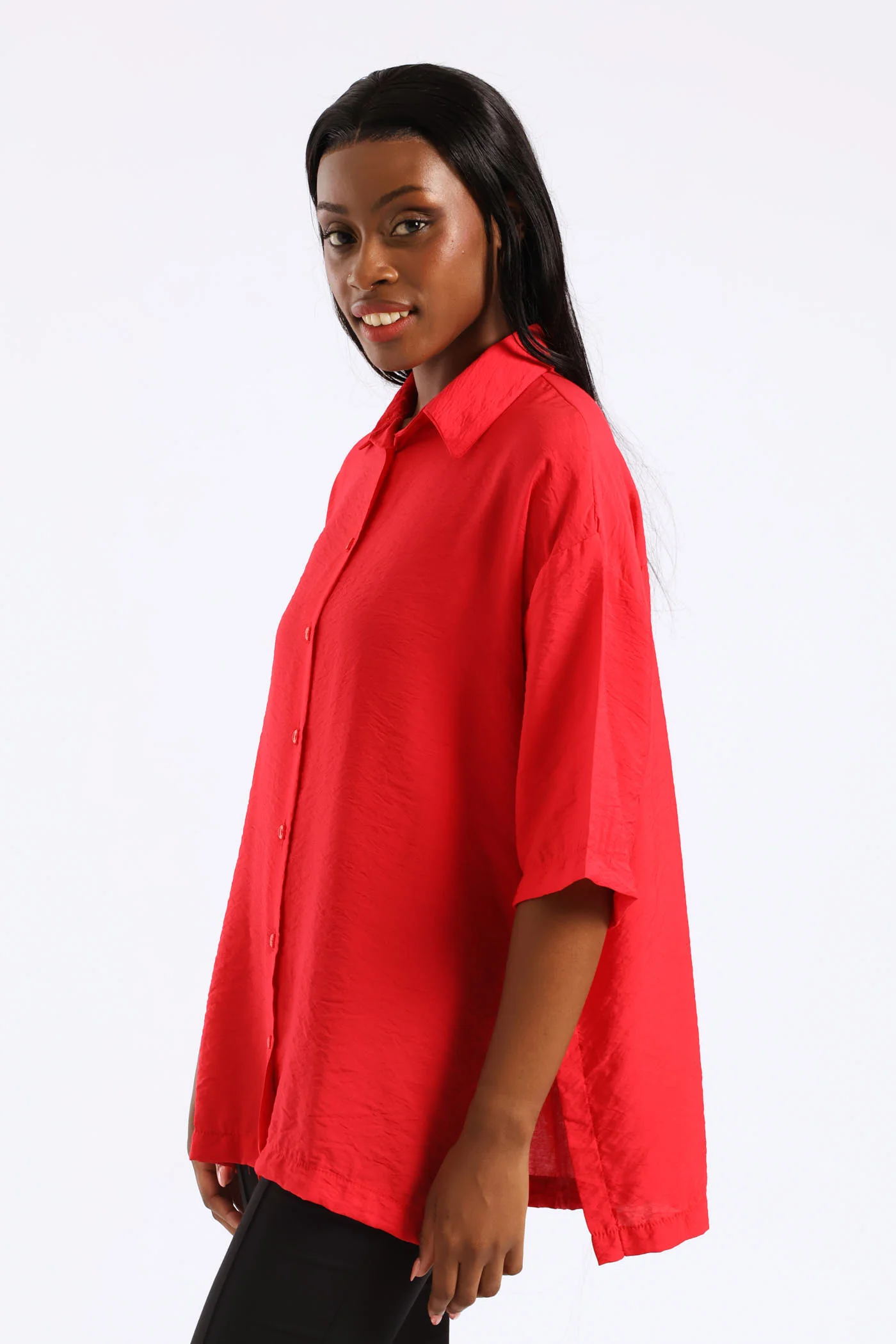 Oversized Drop Shoulder Shirt - Rose Red - Image 3
