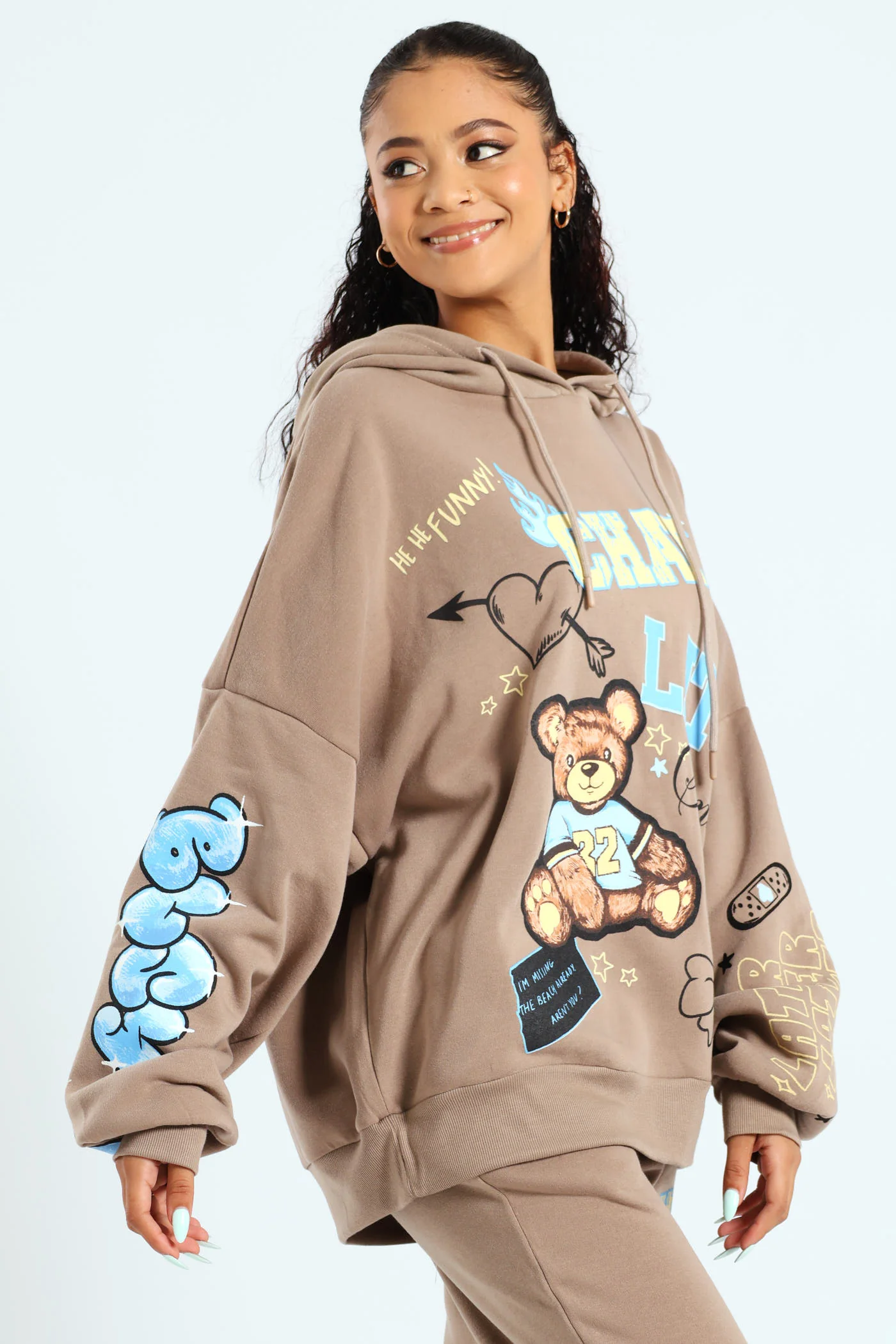 Oversized Fleece Teddy Hoodie - Taupe - Image 4