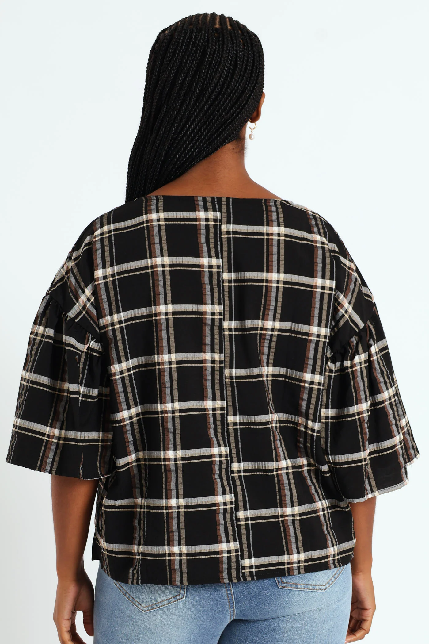 Oversized Frill Sleeve Boxy Top - Black/Beige - Image 2